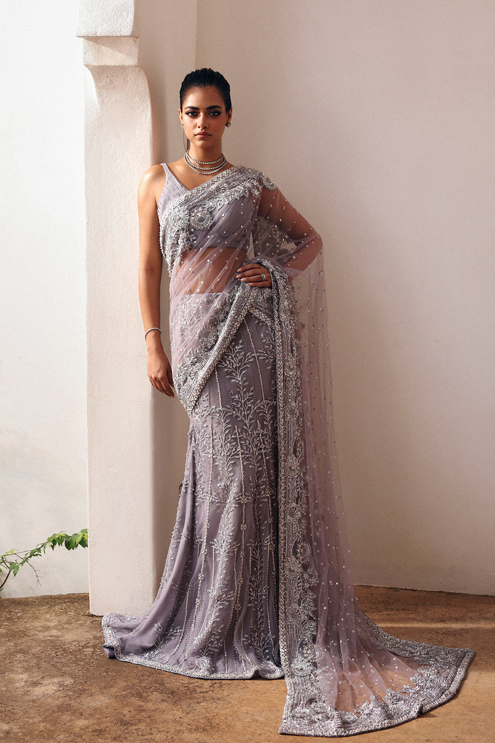 Lilac Hand-Embellished Net & Organza Saree (3-Piece) - Image 1