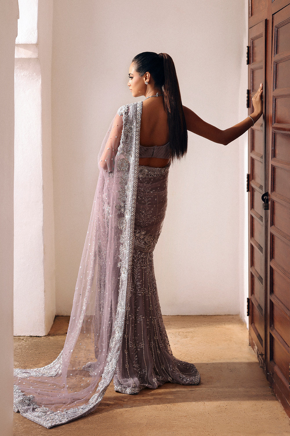 Lilac Hand-Embellished Net & Organza Saree (3-Piece) - Image 2