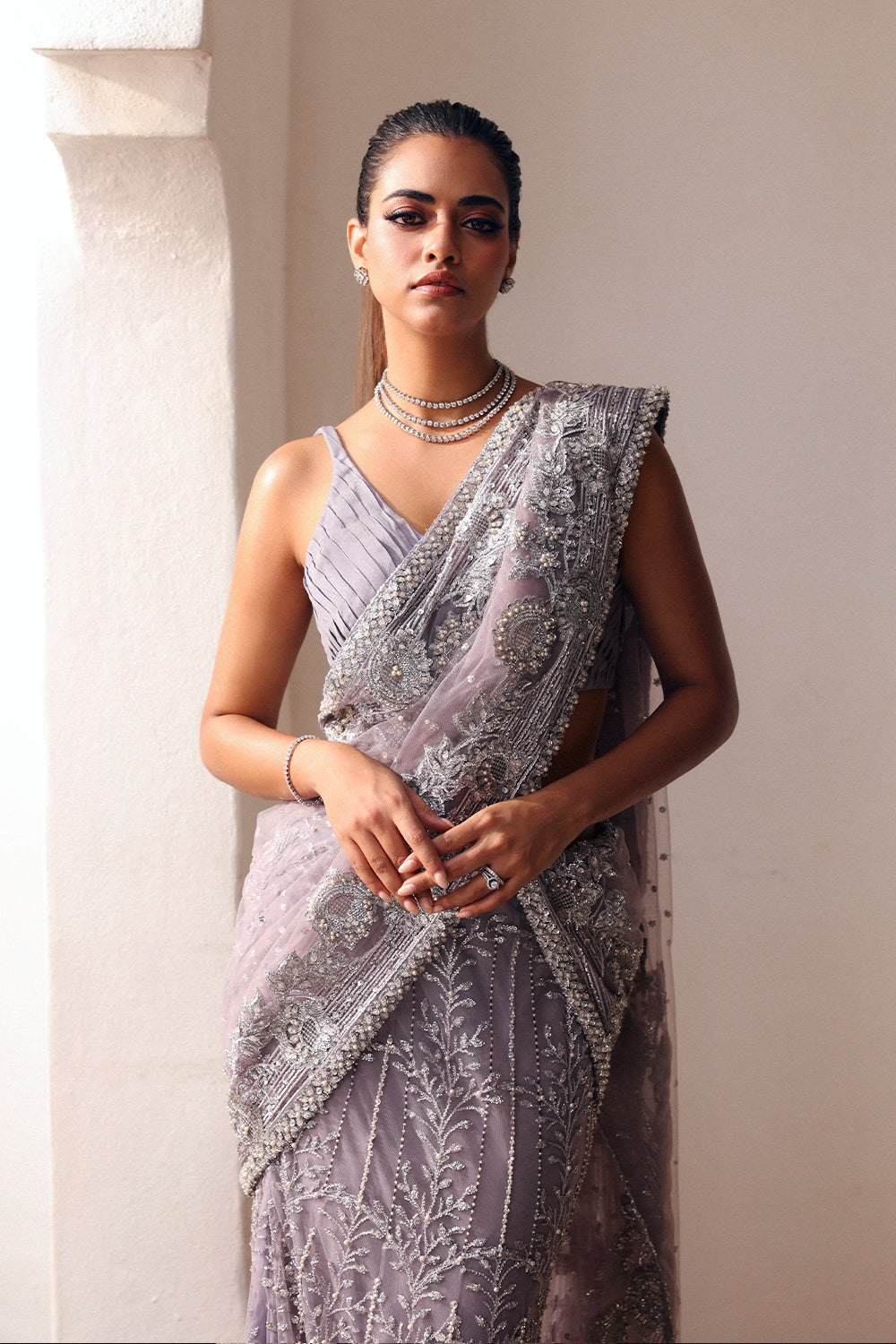 Lilac Hand-Embellished Net & Organza Saree (3-Piece) - Image 3