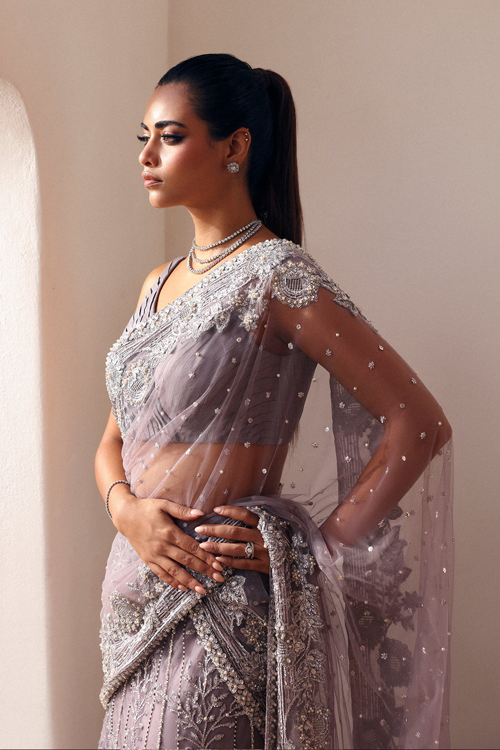 Lilac Hand-Embellished Net & Organza Saree (3-Piece) - Image 4