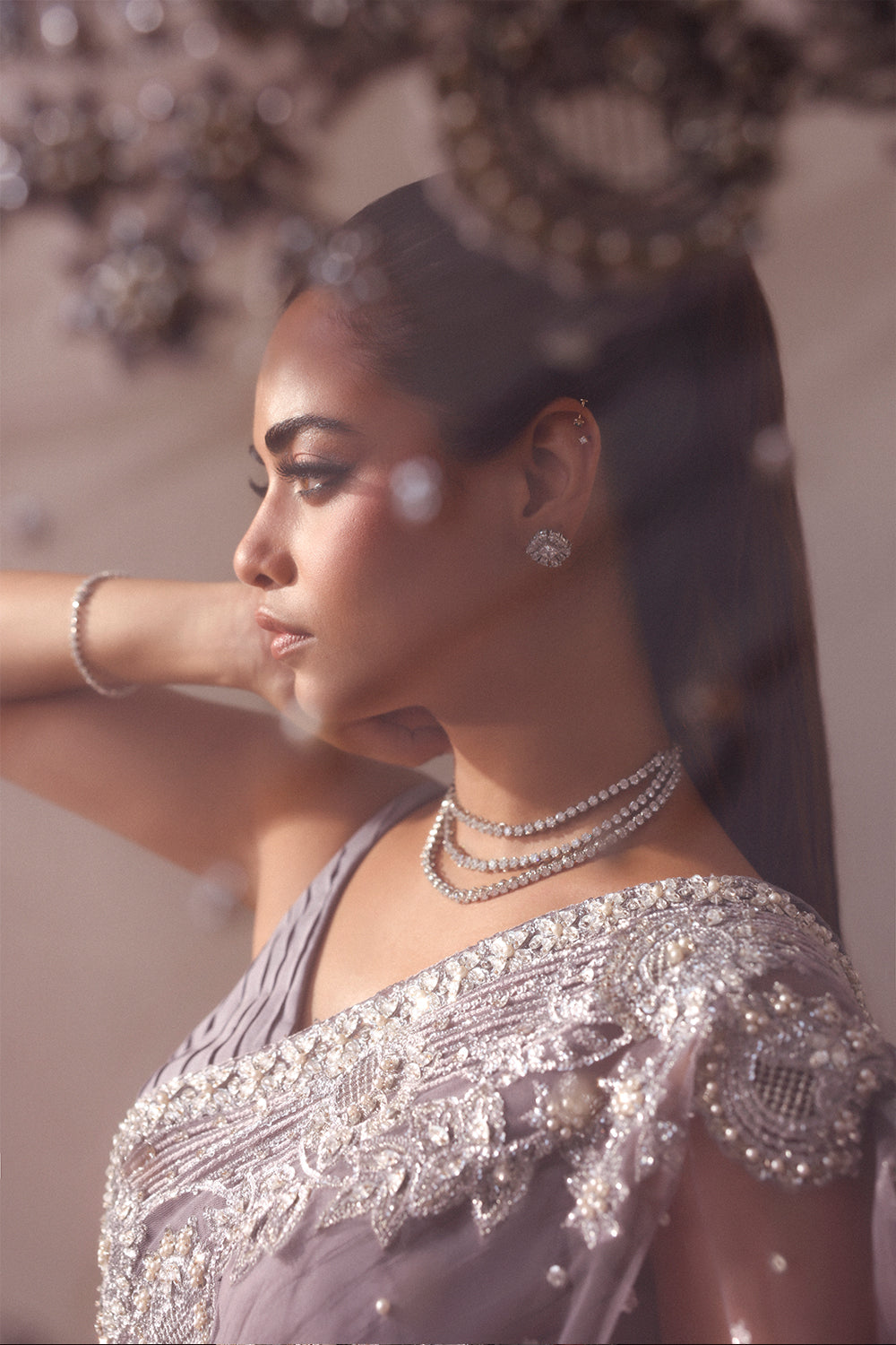 Lilac Hand-Embellished Net & Organza Saree (3-Piece) - Image 5