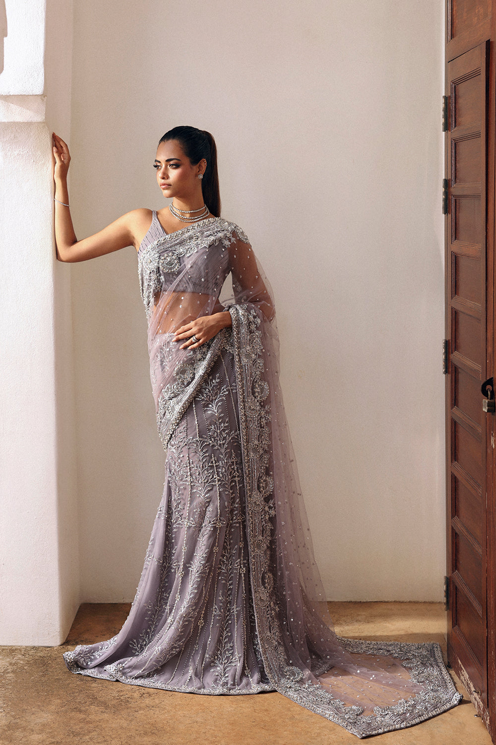 Lilac Hand-Embellished Net & Organza Saree (3-Piece) - Image 7