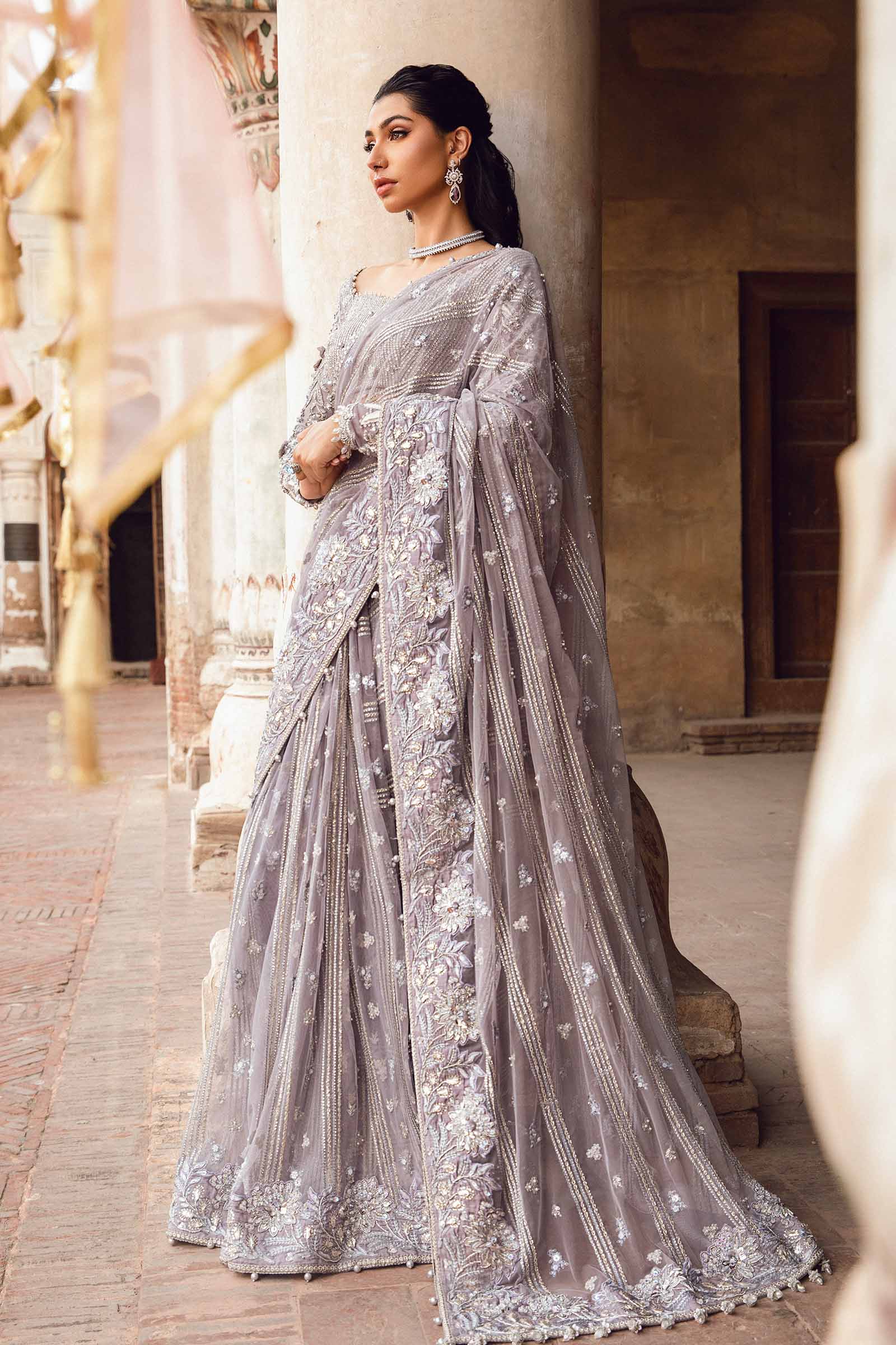 Lavender Embellished Net & Raw Silk Saree (3-Piece) - Image 1