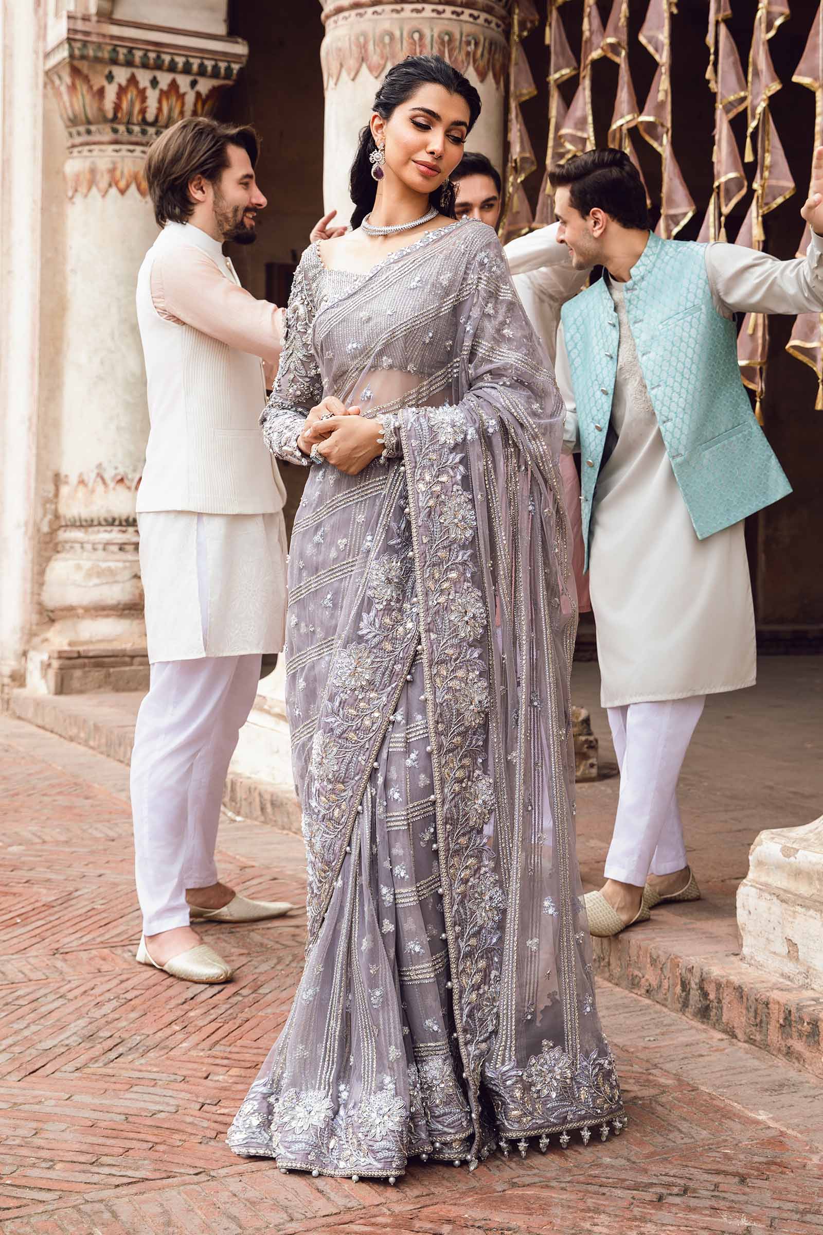 Lavender Embellished Net & Raw Silk Saree (3-Piece) - Image 2