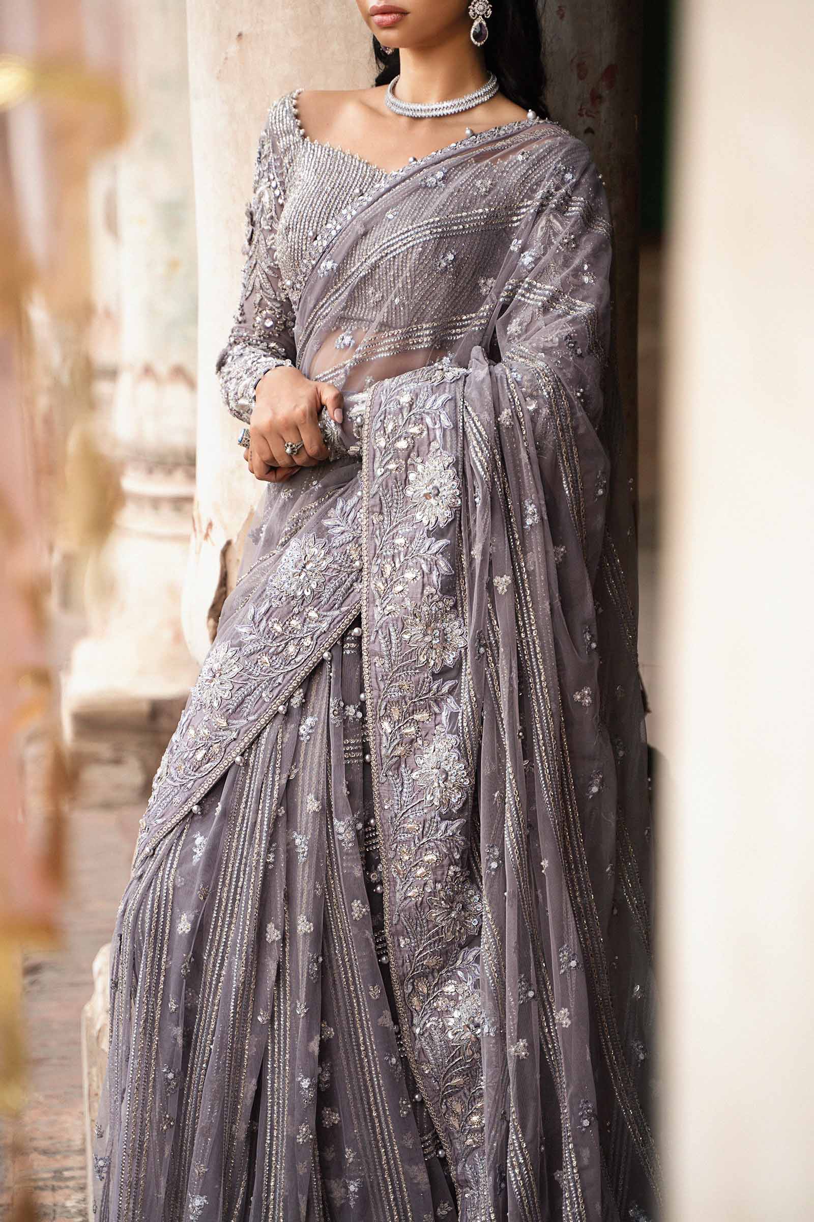 Lavender Embellished Net & Raw Silk Saree (3-Piece) - Image 3