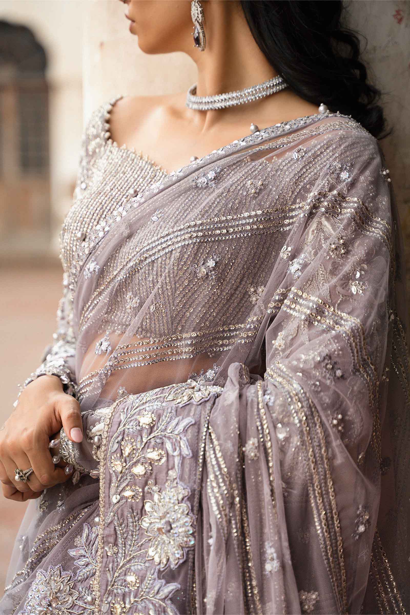 Lavender Embellished Net & Raw Silk Saree (3-Piece) - Image 4