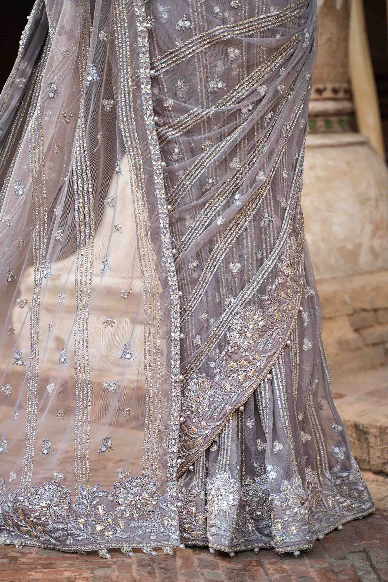 Lavender Embellished Net & Raw Silk Saree (3-Piece) - Image 6
