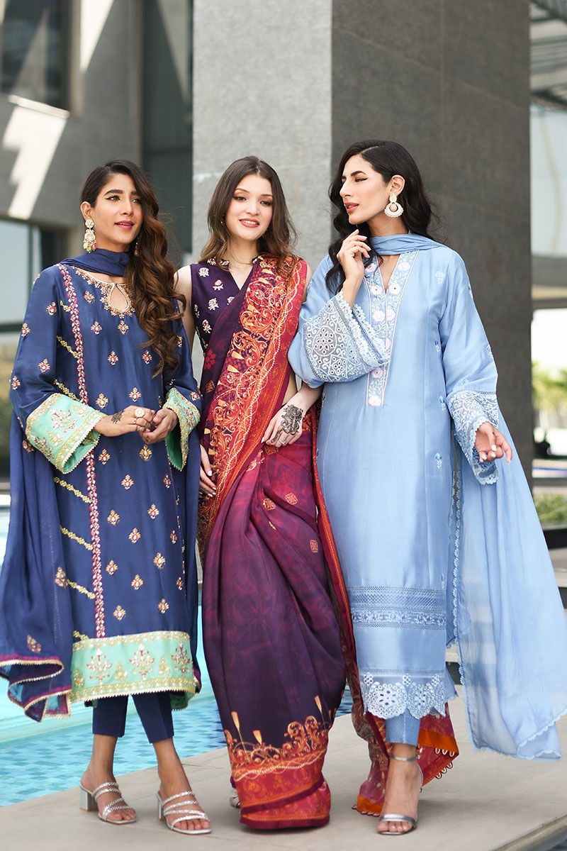 Pakistani Violet Embroidered Silk Saree (3-Piece) - Image 10