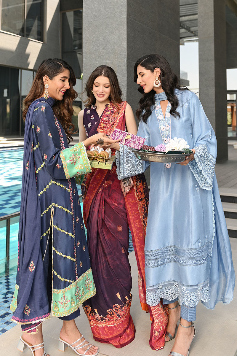 Pakistani Violet Embroidered Silk Saree (3-Piece) - Image 11