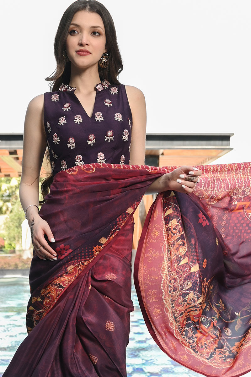 Pakistani Violet Embroidered Silk Saree (3-Piece) - Image 2