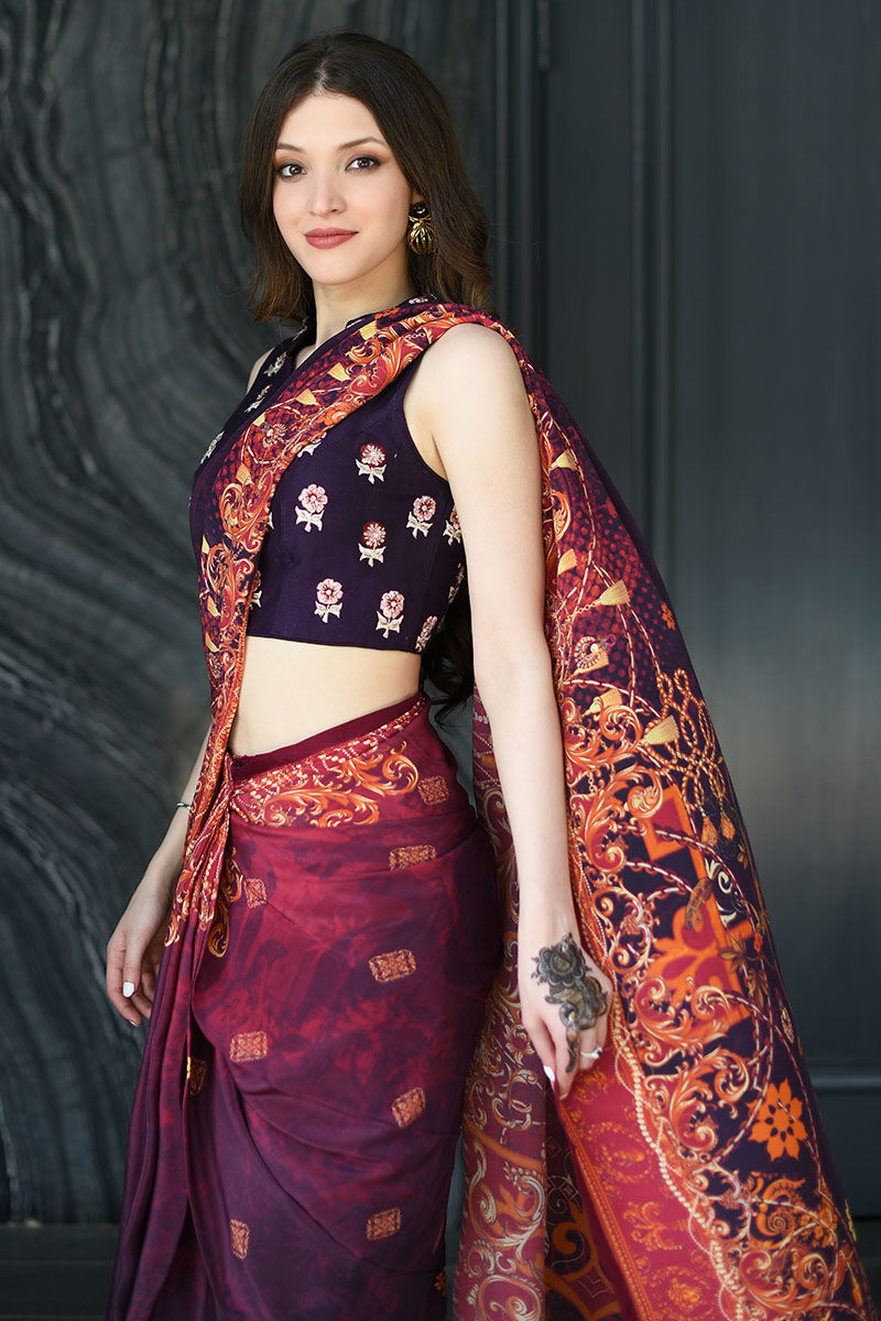 Pakistani Violet Embroidered Silk Saree (3-Piece) - Image 4