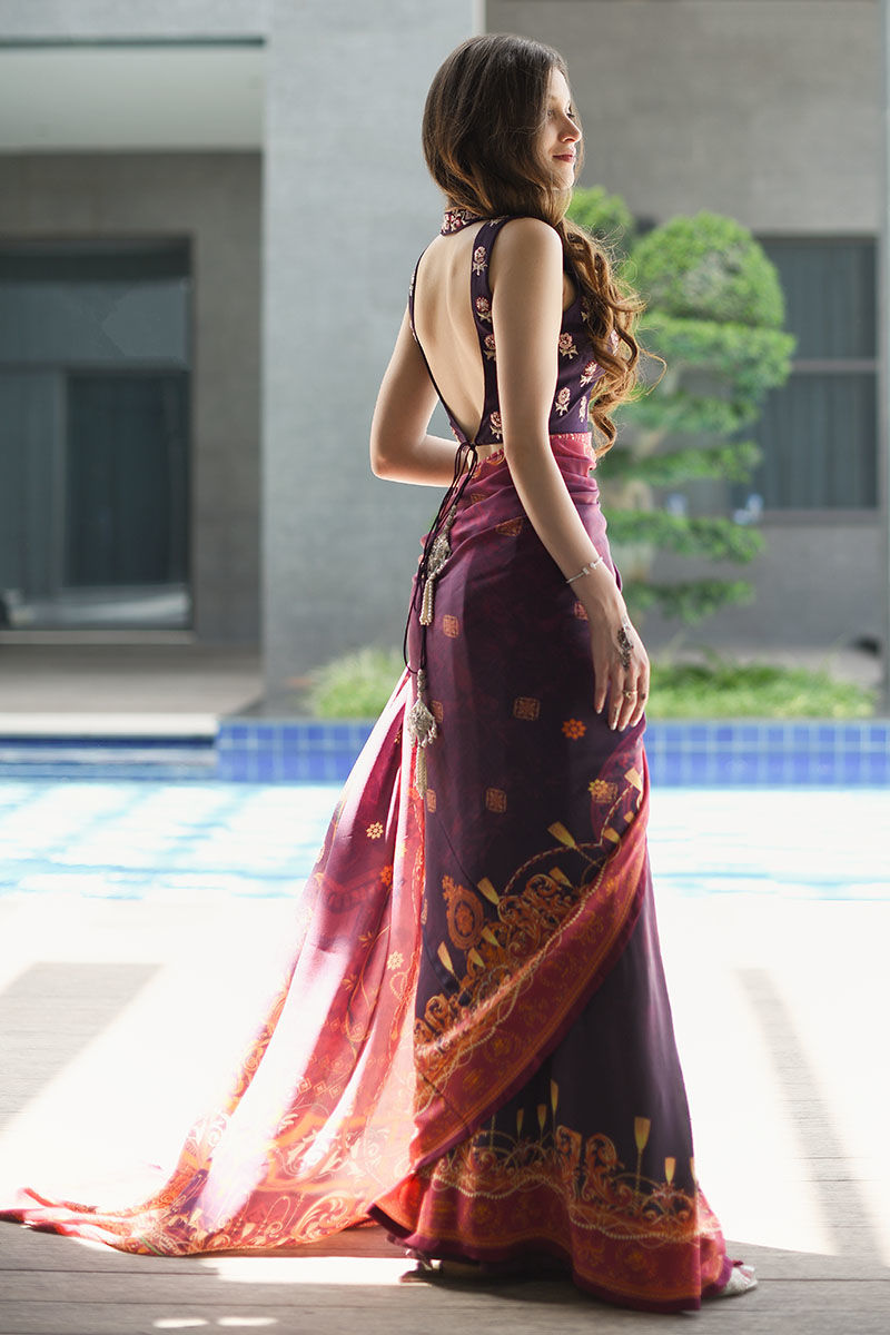 Pakistani Violet Embroidered Silk Saree (3-Piece) - Image 5