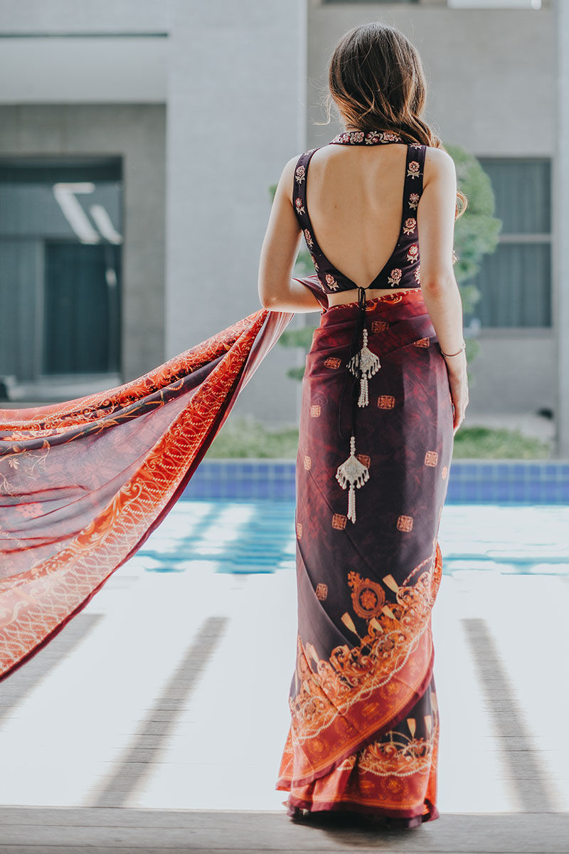 Pakistani Violet Embroidered Silk Saree (3-Piece) - Image 8