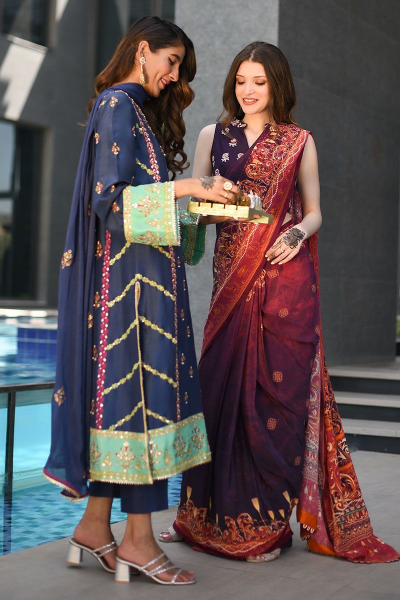 Pakistani Violet Embroidered Silk Saree (3-Piece) - Image 9