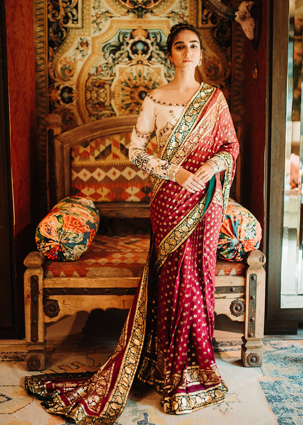 Pakistani Boysenberry Gold Foil Silk Saree with Ivory Embroidered Blouse (2-Piece) - Image 1