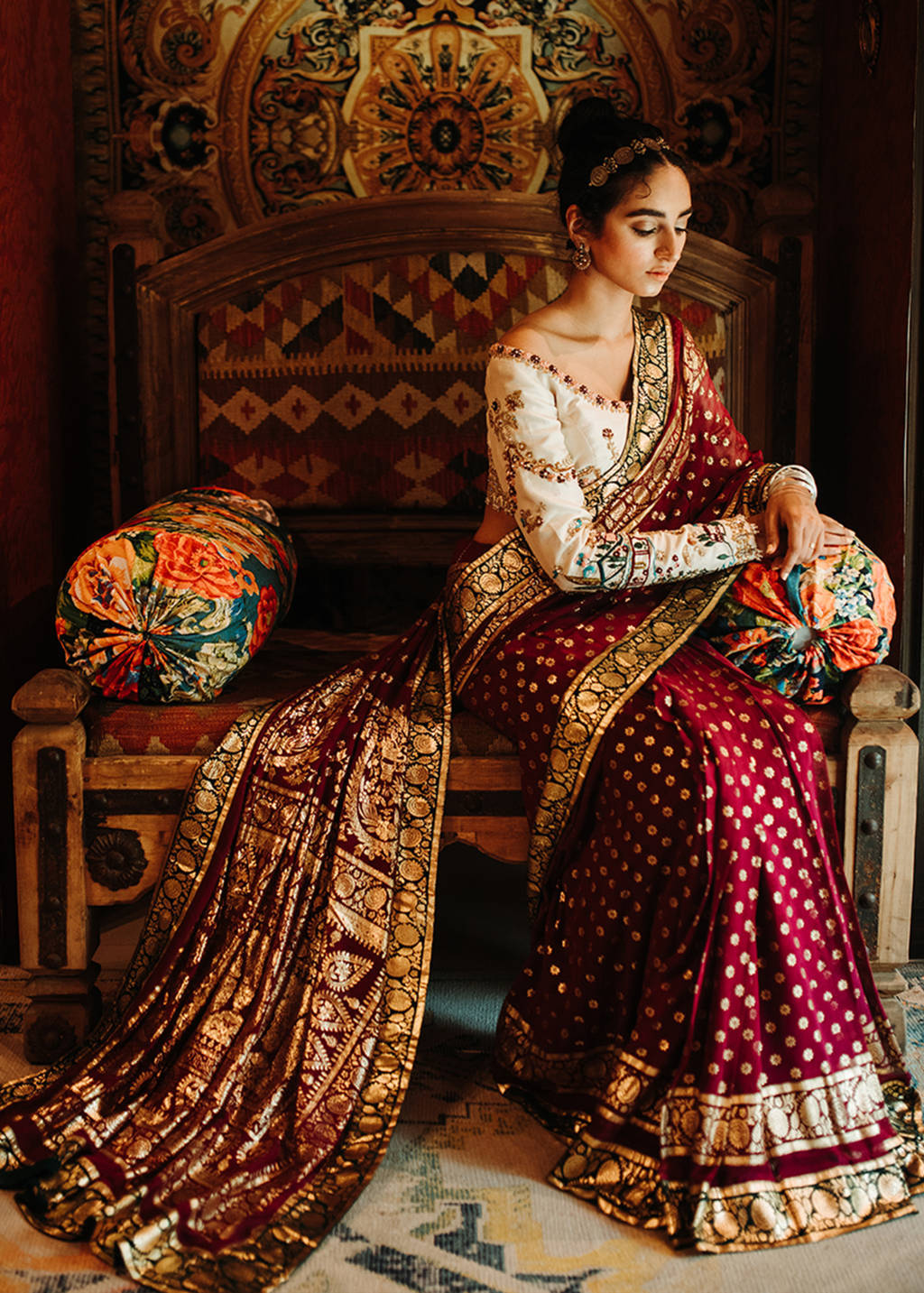 Pakistani Boysenberry Gold Foil Silk Saree with Ivory Embroidered Blouse (2-Piece) - Image 2