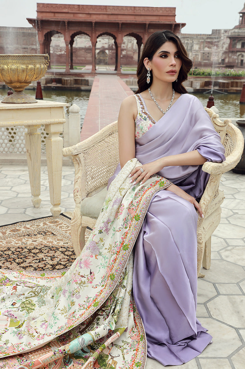 Indian Lavender Hand-Embroidered Silk Saree (3-Piece) - Image 1