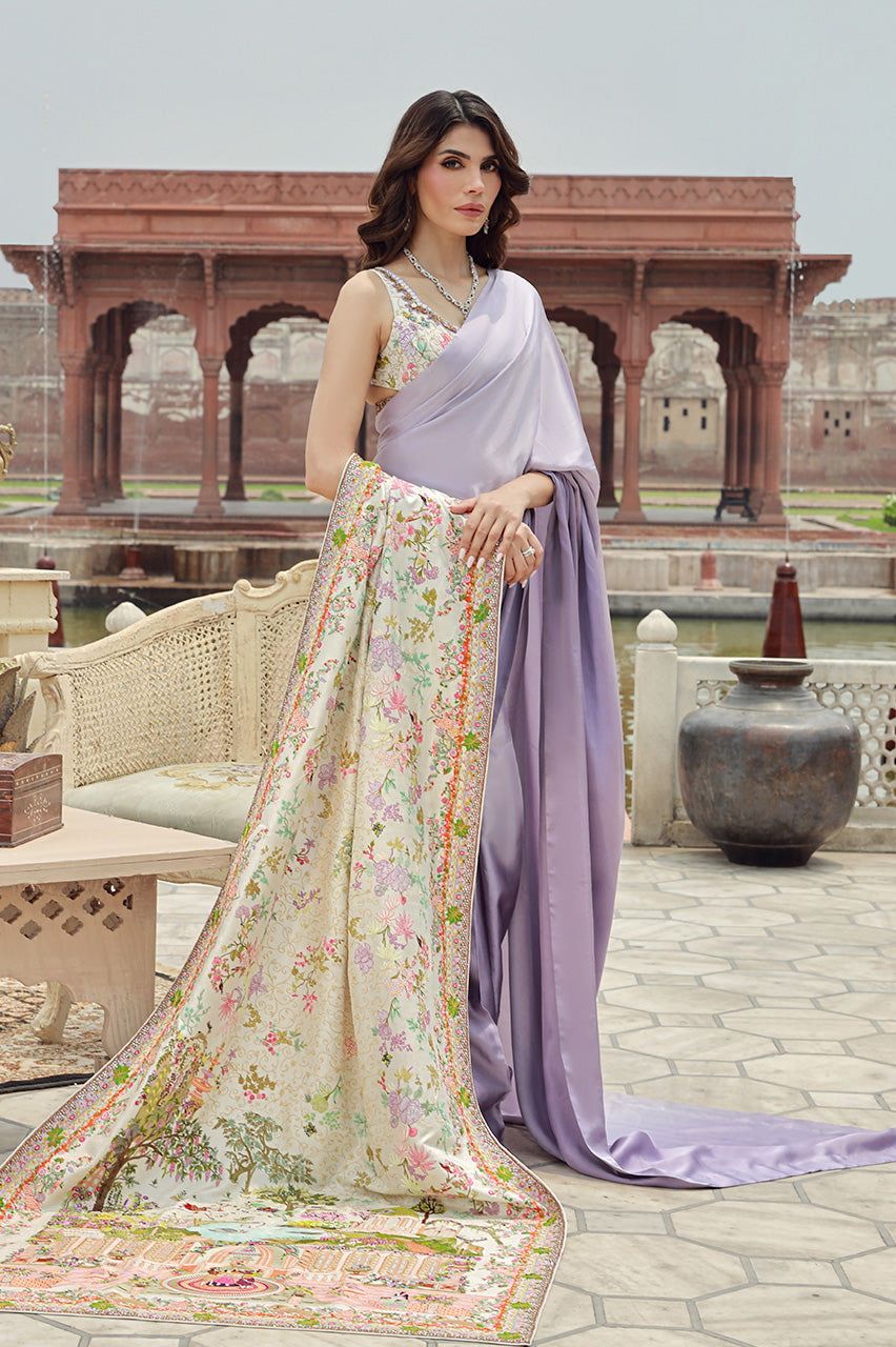 Indian Lavender Hand-Embroidered Silk Saree (3-Piece) - Image 2