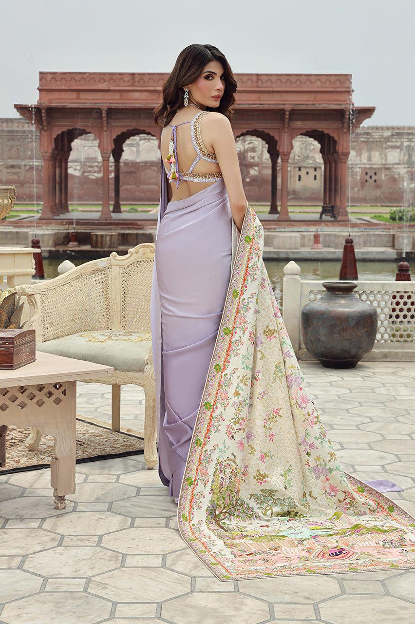 Indian Lavender Hand-Embroidered Silk Saree (3-Piece) - Image 3