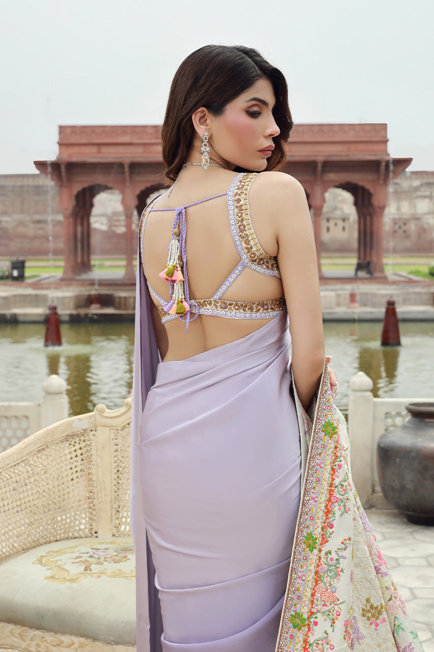 Indian Lavender Hand-Embroidered Silk Saree (3-Piece) - Image 4