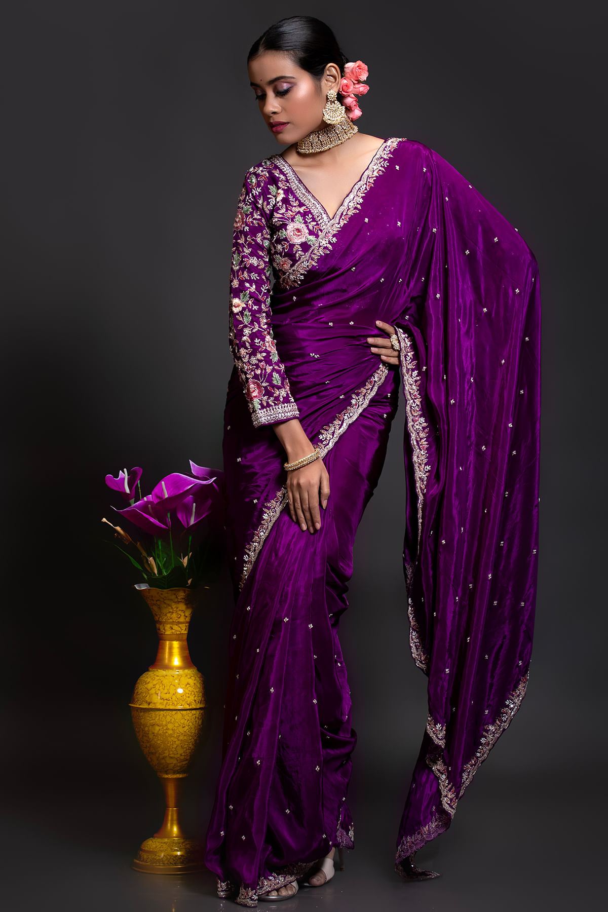 Aubergine Purple Embroidered Silk Saree (2-Piece) - Image 1
