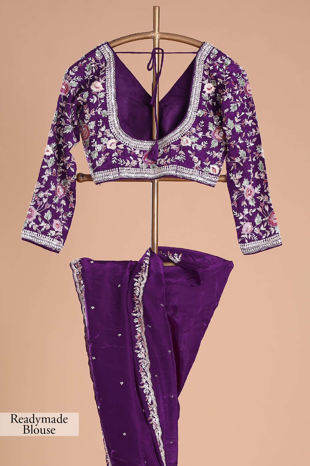 Aubergine Purple Embroidered Silk Saree (2-Piece) - Image 10