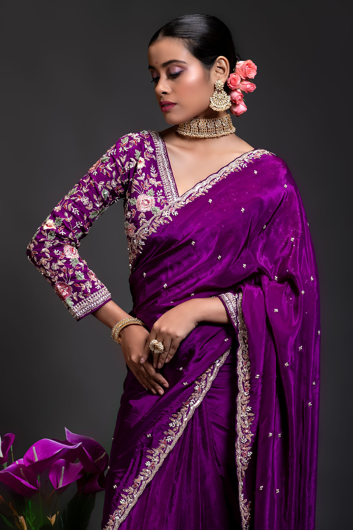 Aubergine Purple Embroidered Silk Saree (2-Piece) - Image 2
