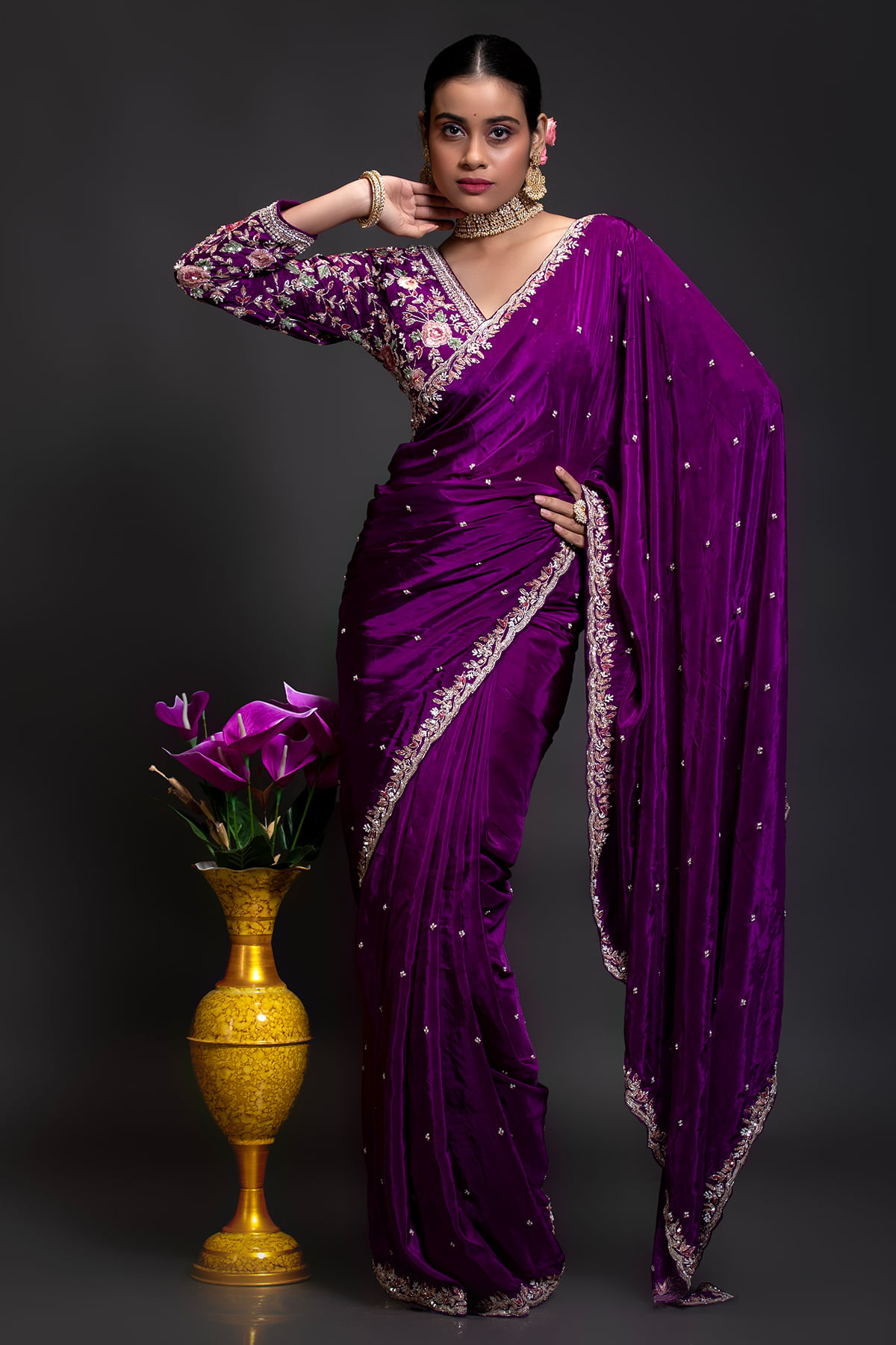 Aubergine Purple Embroidered Silk Saree (2-Piece) - Image 3