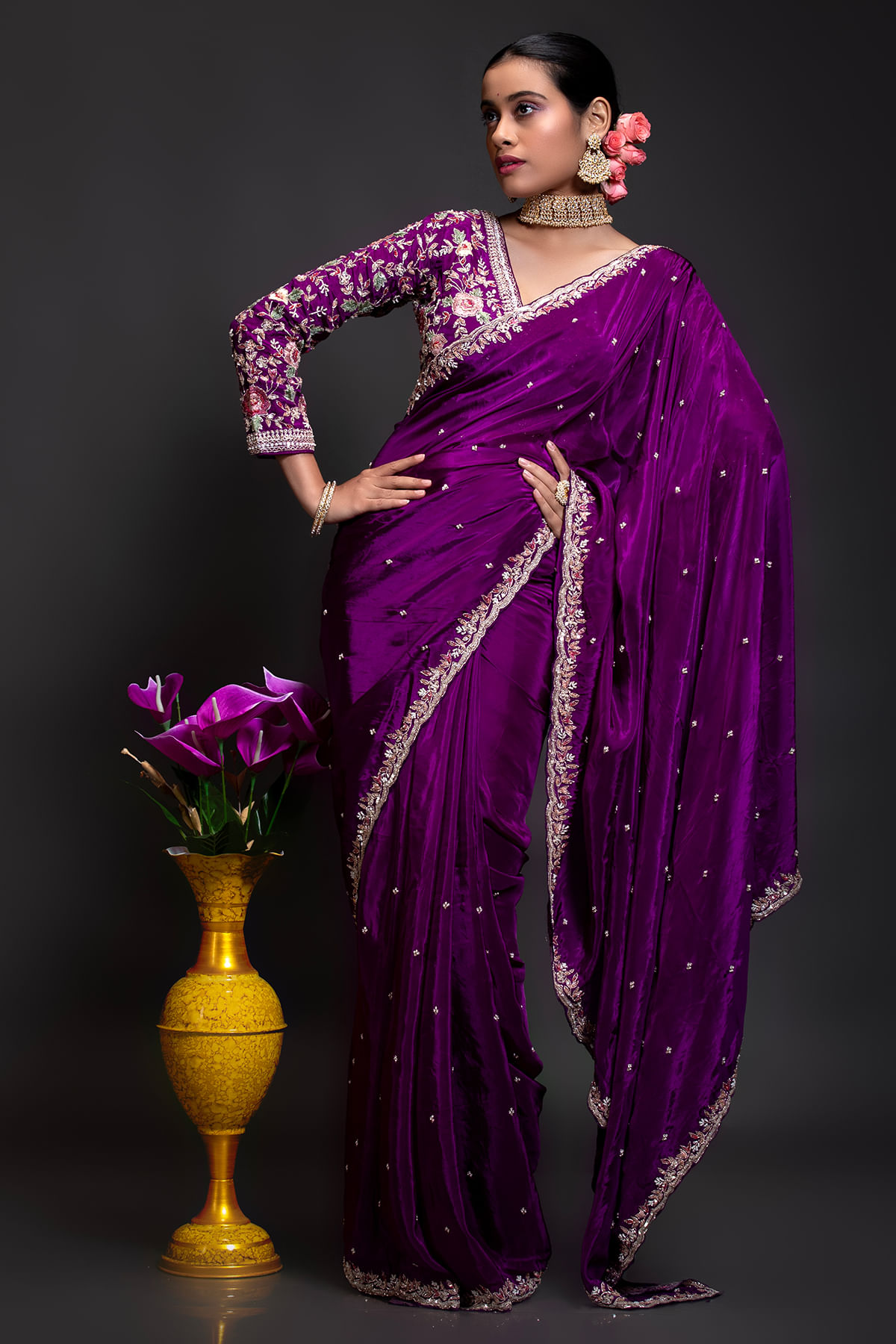 Aubergine Purple Embroidered Silk Saree (2-Piece) - Image 4