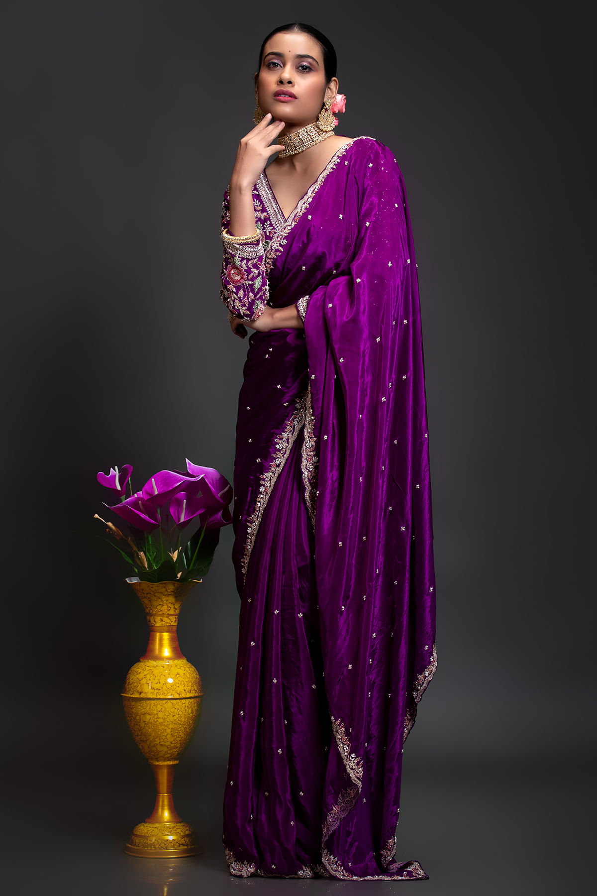 Aubergine Purple Embroidered Silk Saree (2-Piece) - Image 5