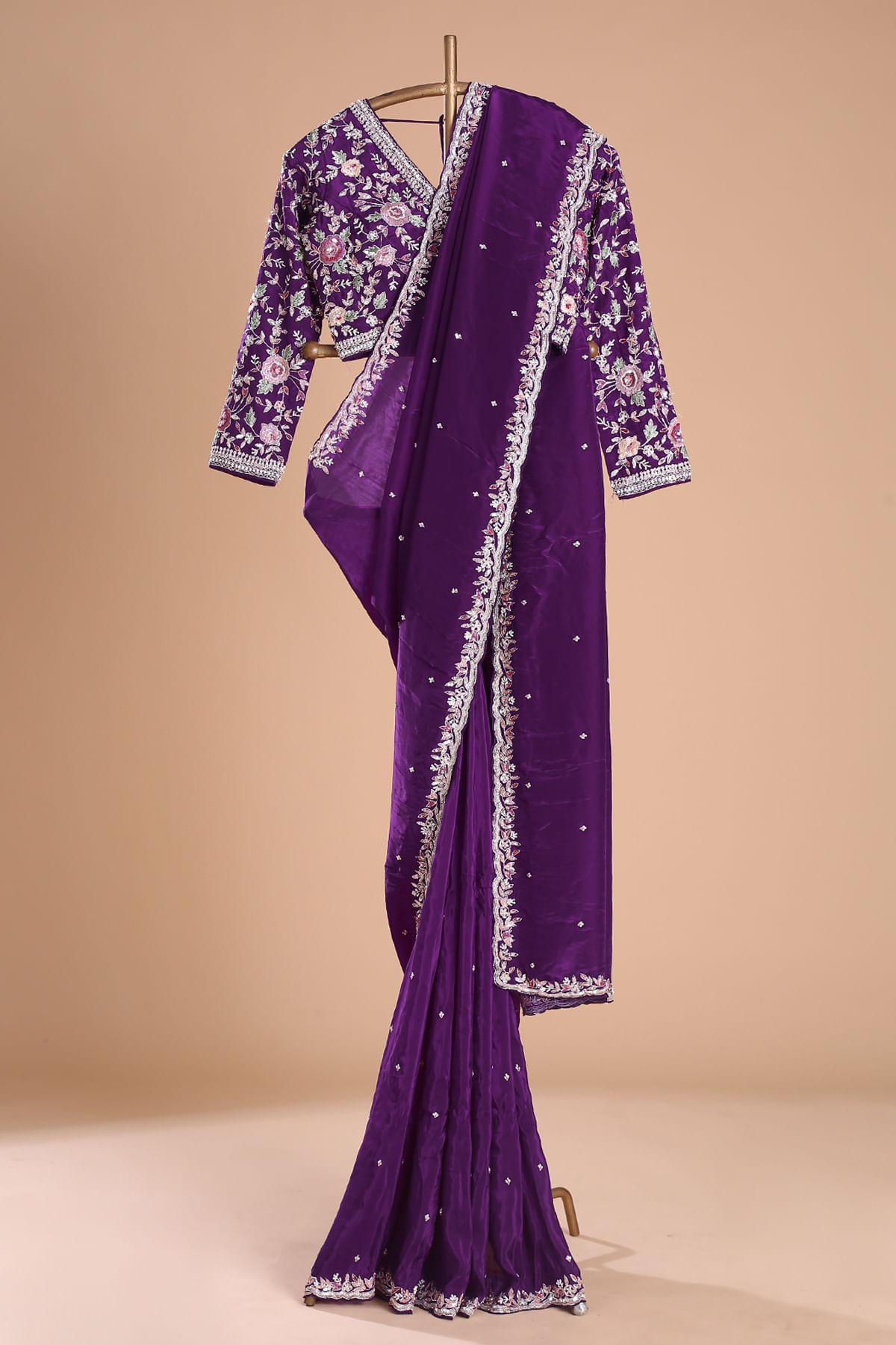 Aubergine Purple Embroidered Silk Saree (2-Piece) - Image 6