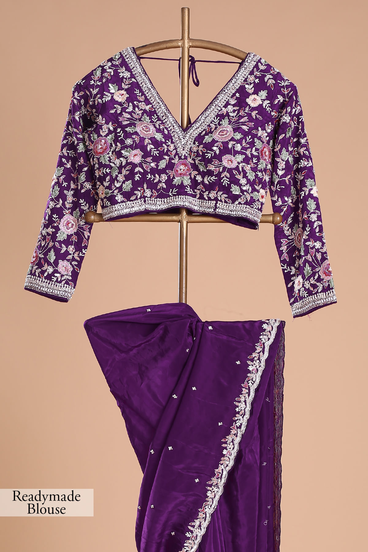 Aubergine Purple Embroidered Silk Saree (2-Piece) - Image 9