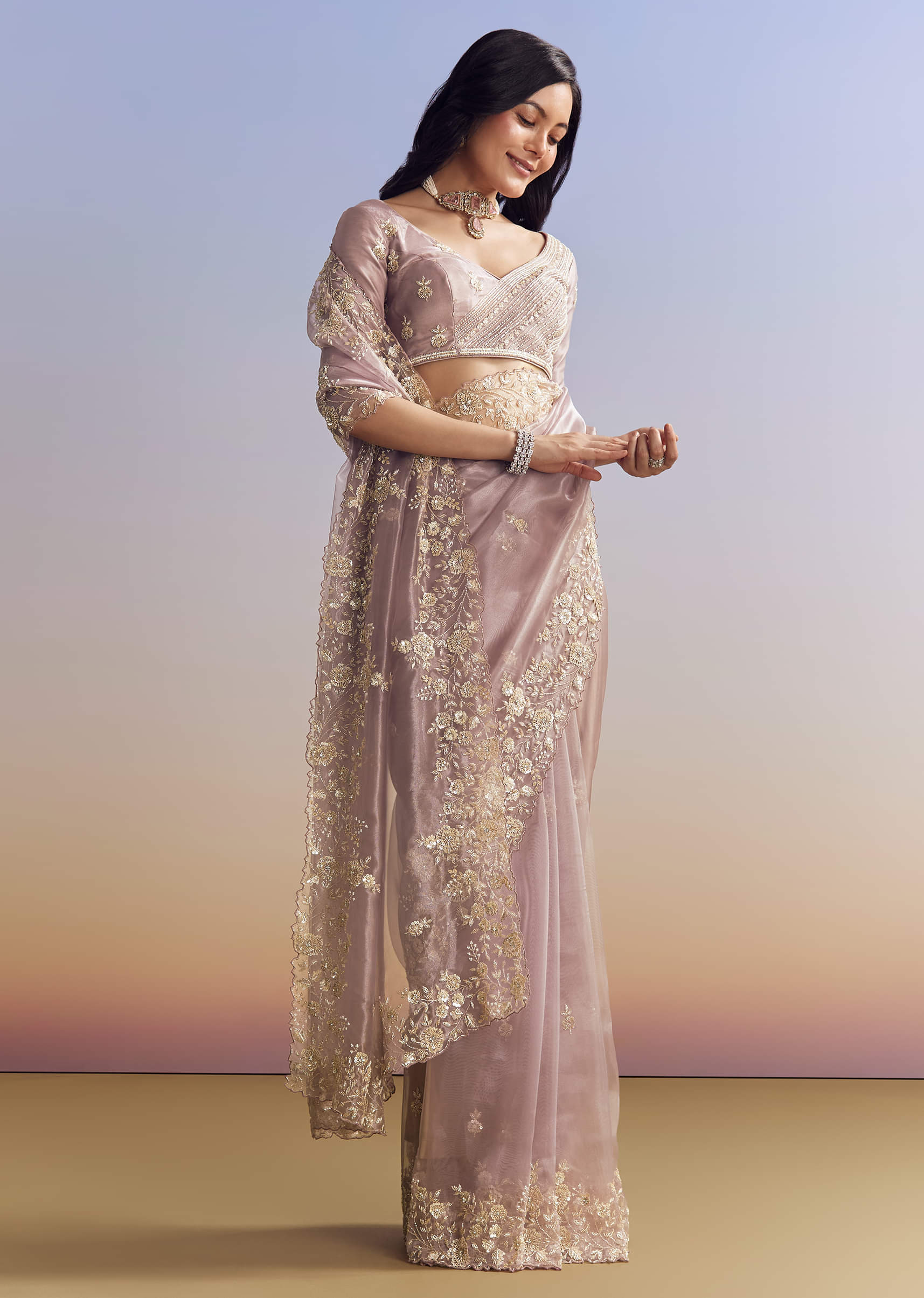 Lavender Embroidered Tissue Saree (2-Piece) - Image 1