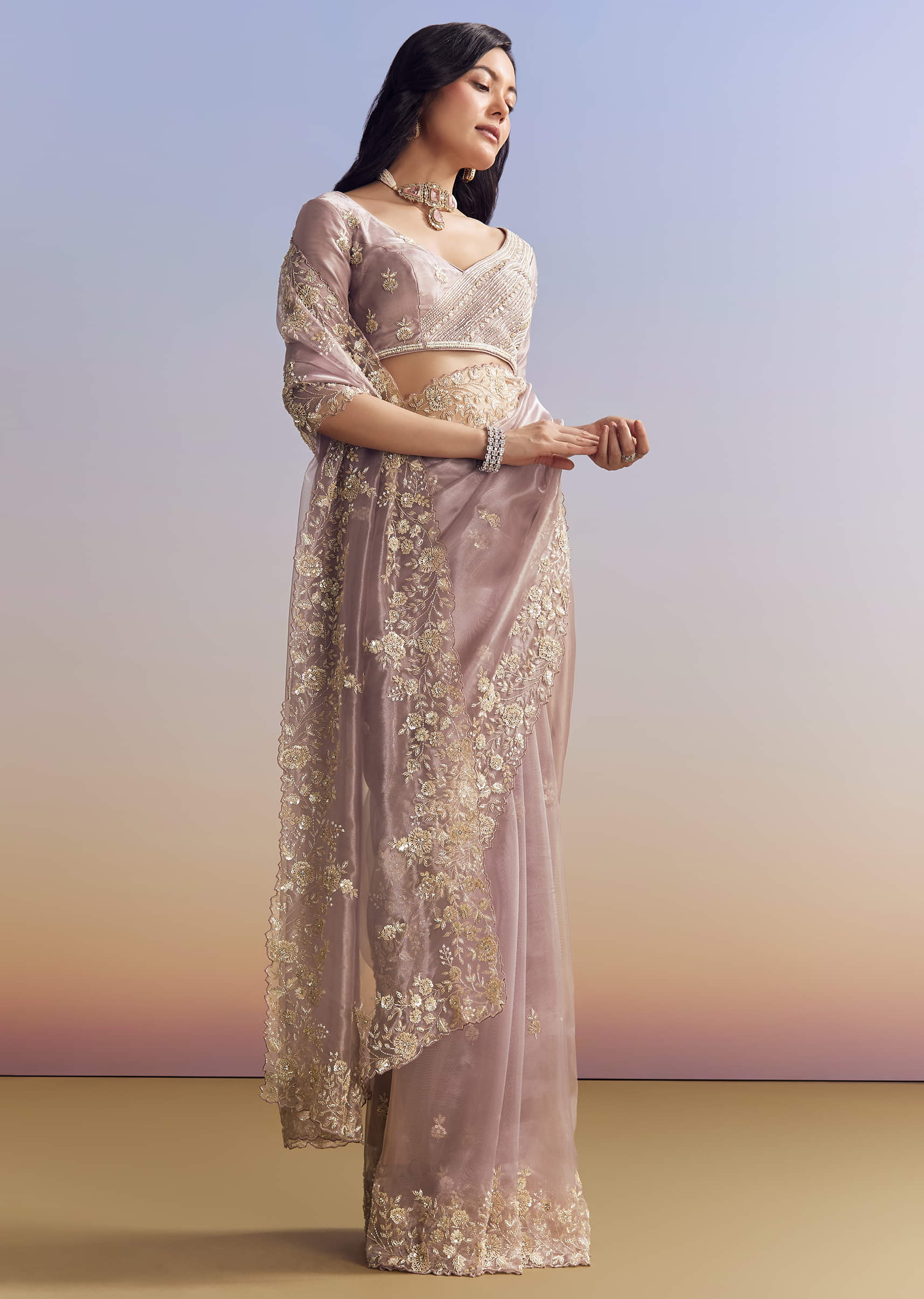 Lavender Embroidered Tissue Saree (2-Piece) - Image 2