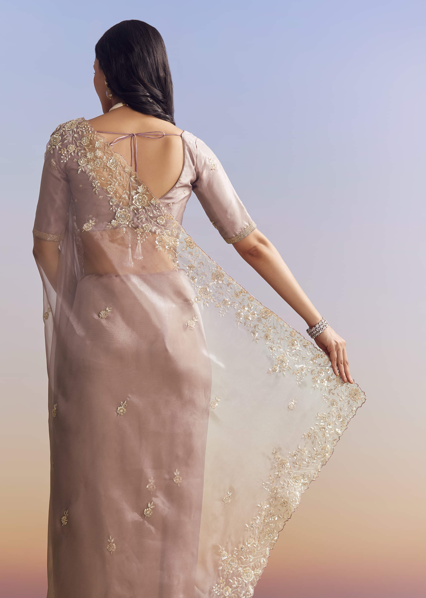 Lavender Embroidered Tissue Saree (2-Piece) - Image 3