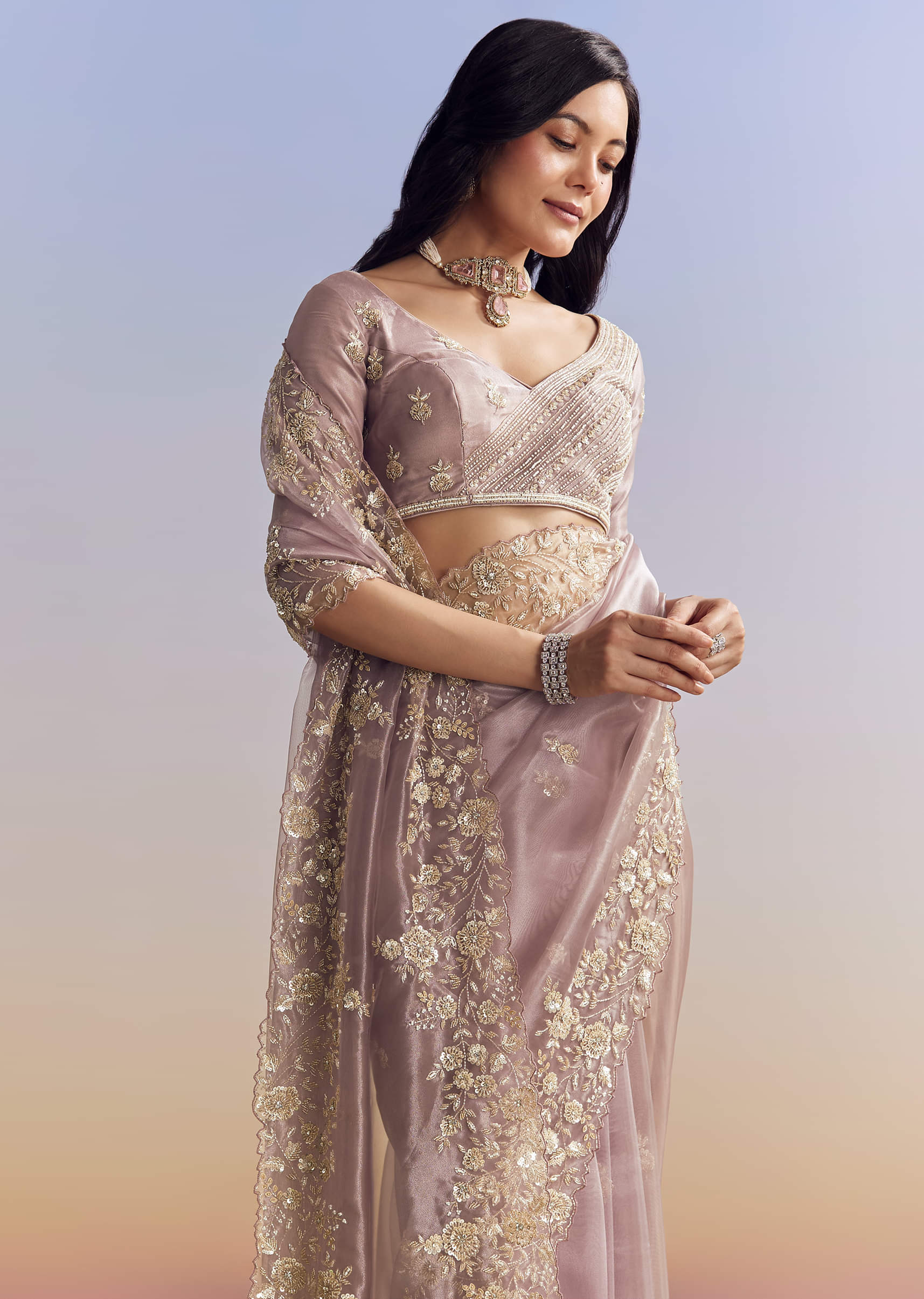 Lavender Embroidered Tissue Saree (2-Piece) - Image 4