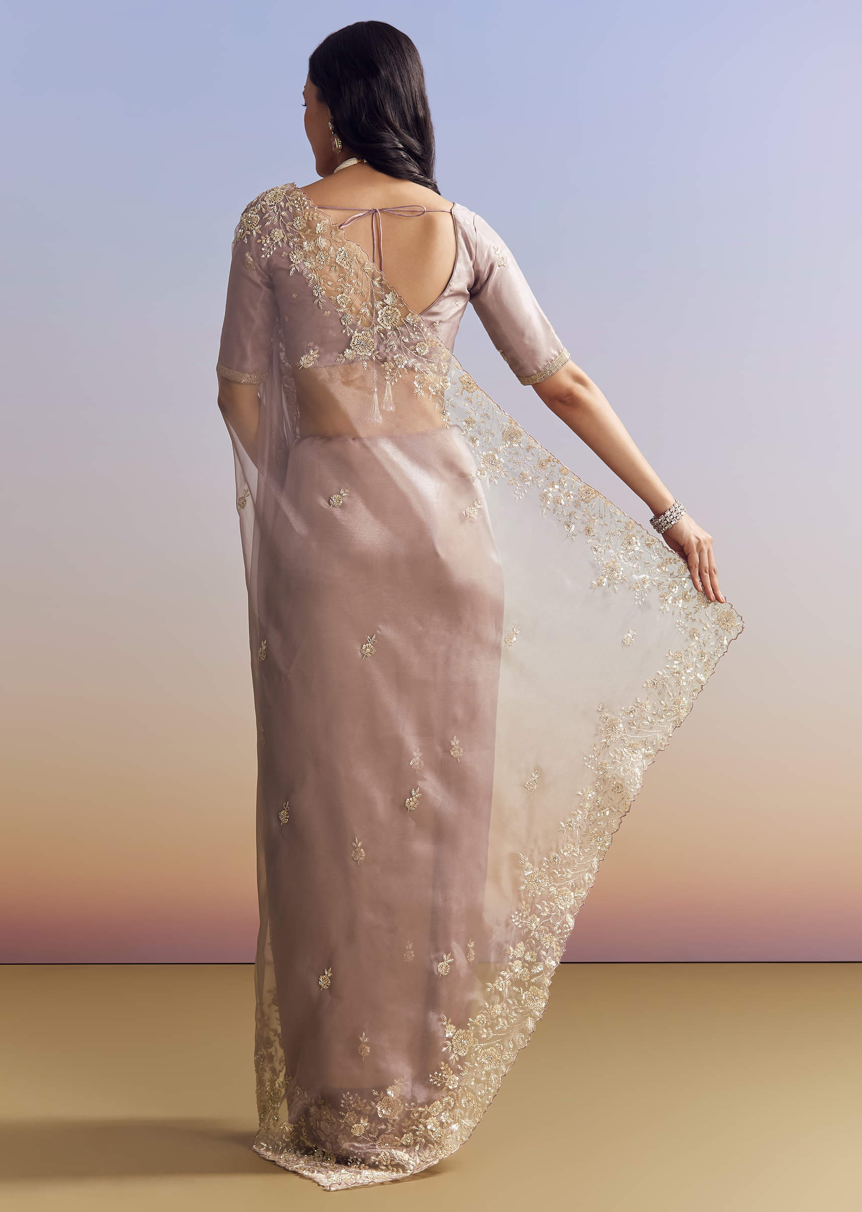 Lavender Embroidered Tissue Saree (2-Piece) - Image 5