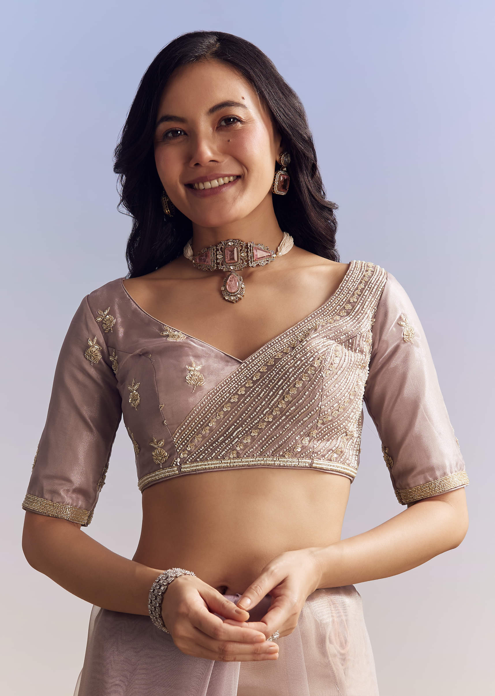 Lavender Embroidered Tissue Saree (2-Piece) - Image 6