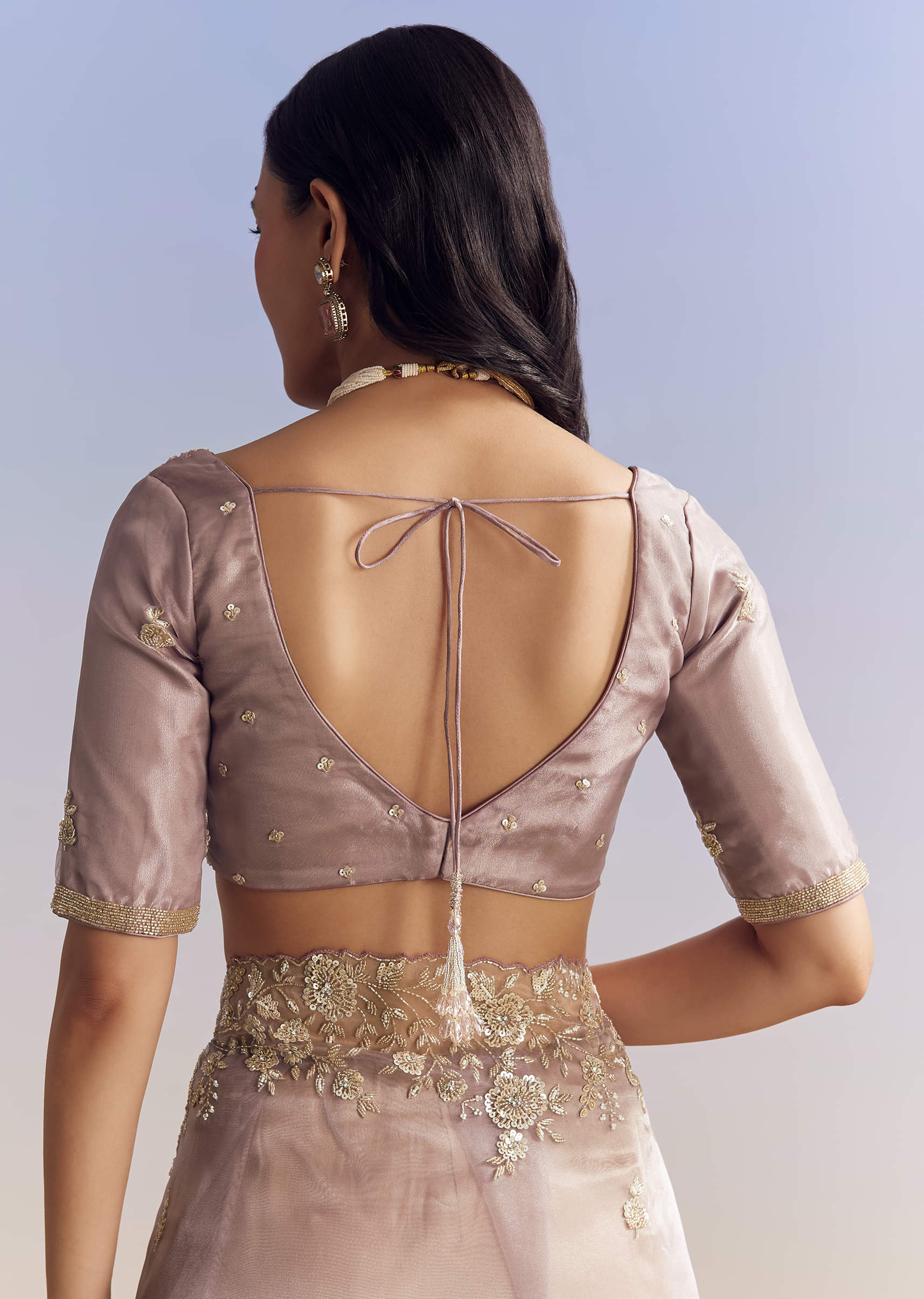 Lavender Embroidered Tissue Saree (2-Piece) - Image 7