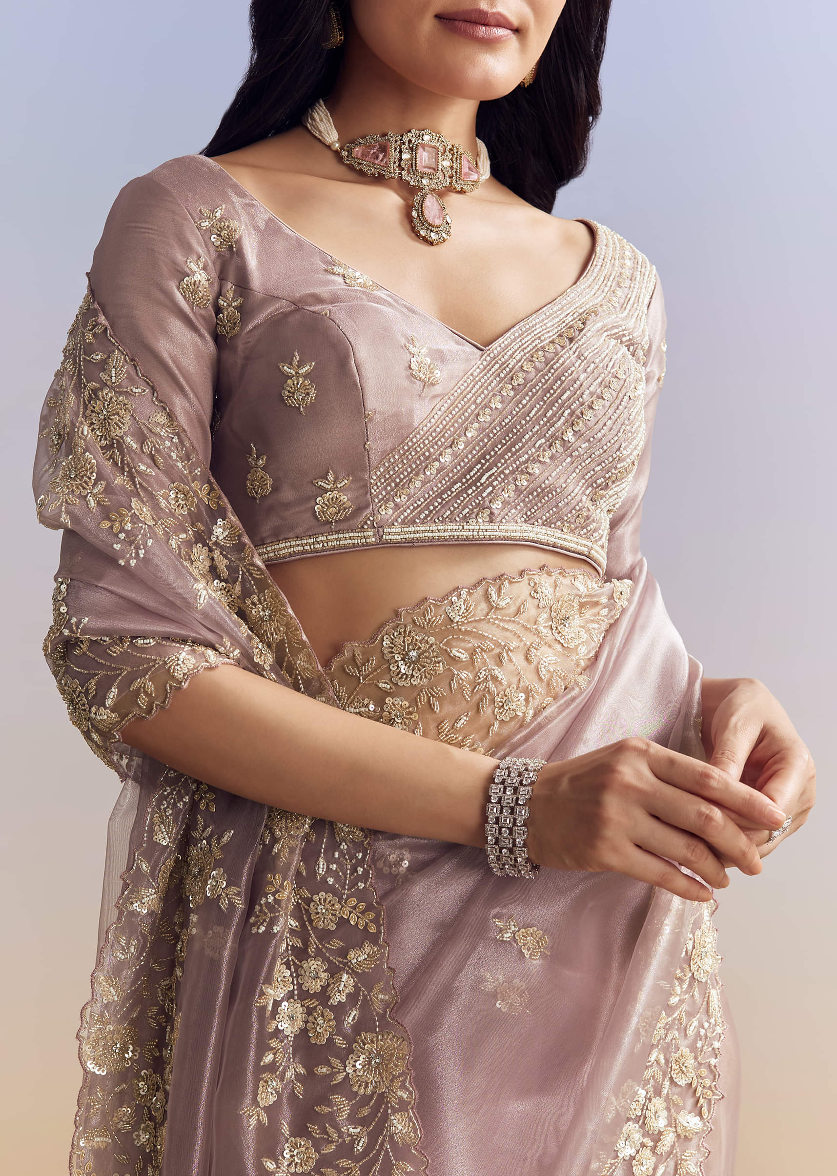 Lavender Embroidered Tissue Saree (2-Piece) - Image 9
