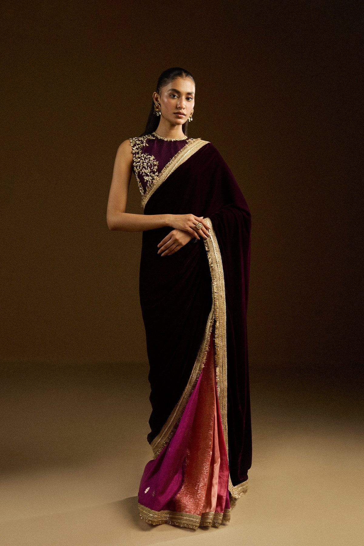 Pakistani Deep Plum Embroidered Velvet Saree (2-Piece) - Image 1