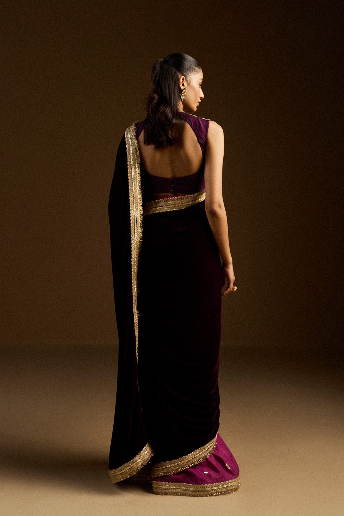 Pakistani Deep Plum Embroidered Velvet Saree (2-Piece) - Image 2