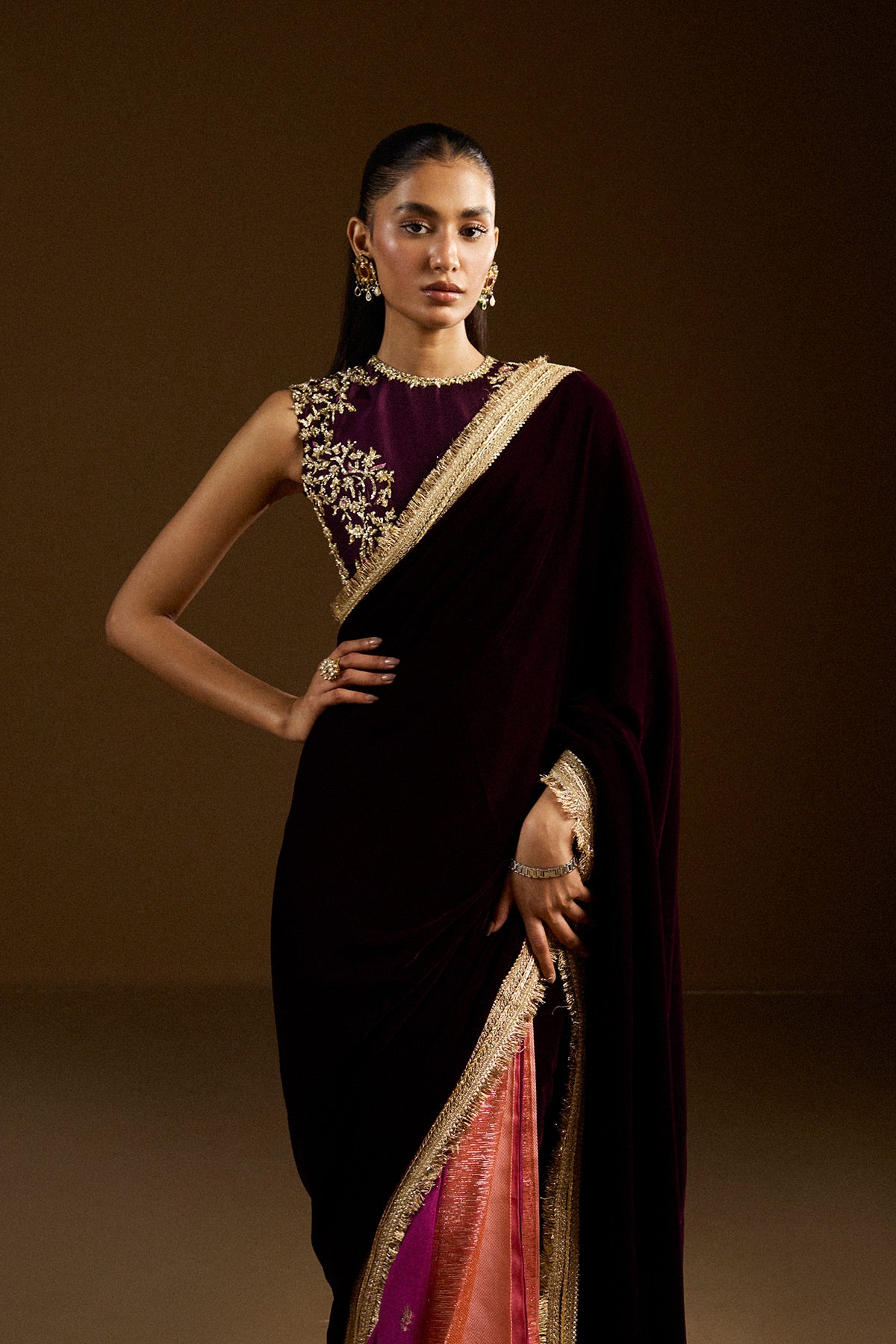 Pakistani Deep Plum Embroidered Velvet Saree (2-Piece) - Image 3