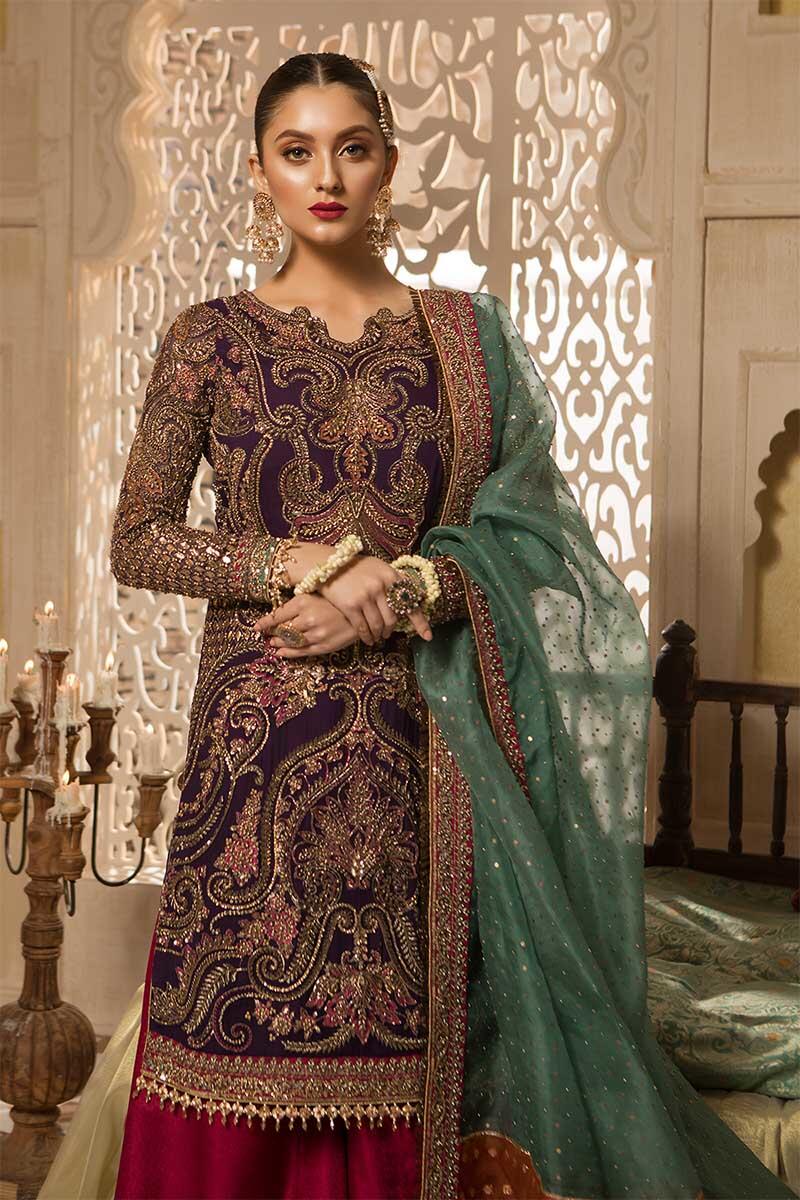 Pakistani Purple Hand-Embroidered Chiffon Sharara (3-Piece) - Image 2