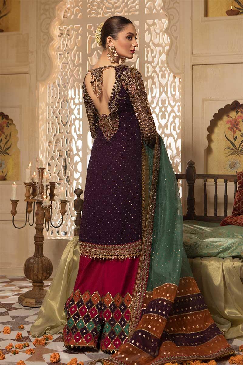 Pakistani Purple Hand-Embroidered Chiffon Sharara (3-Piece) - Image 3