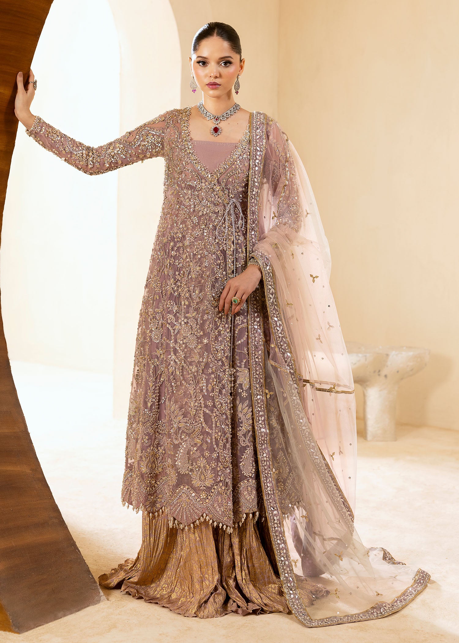 Lilac Embellished Net Sharara Set (3-Piece) - Image 2
