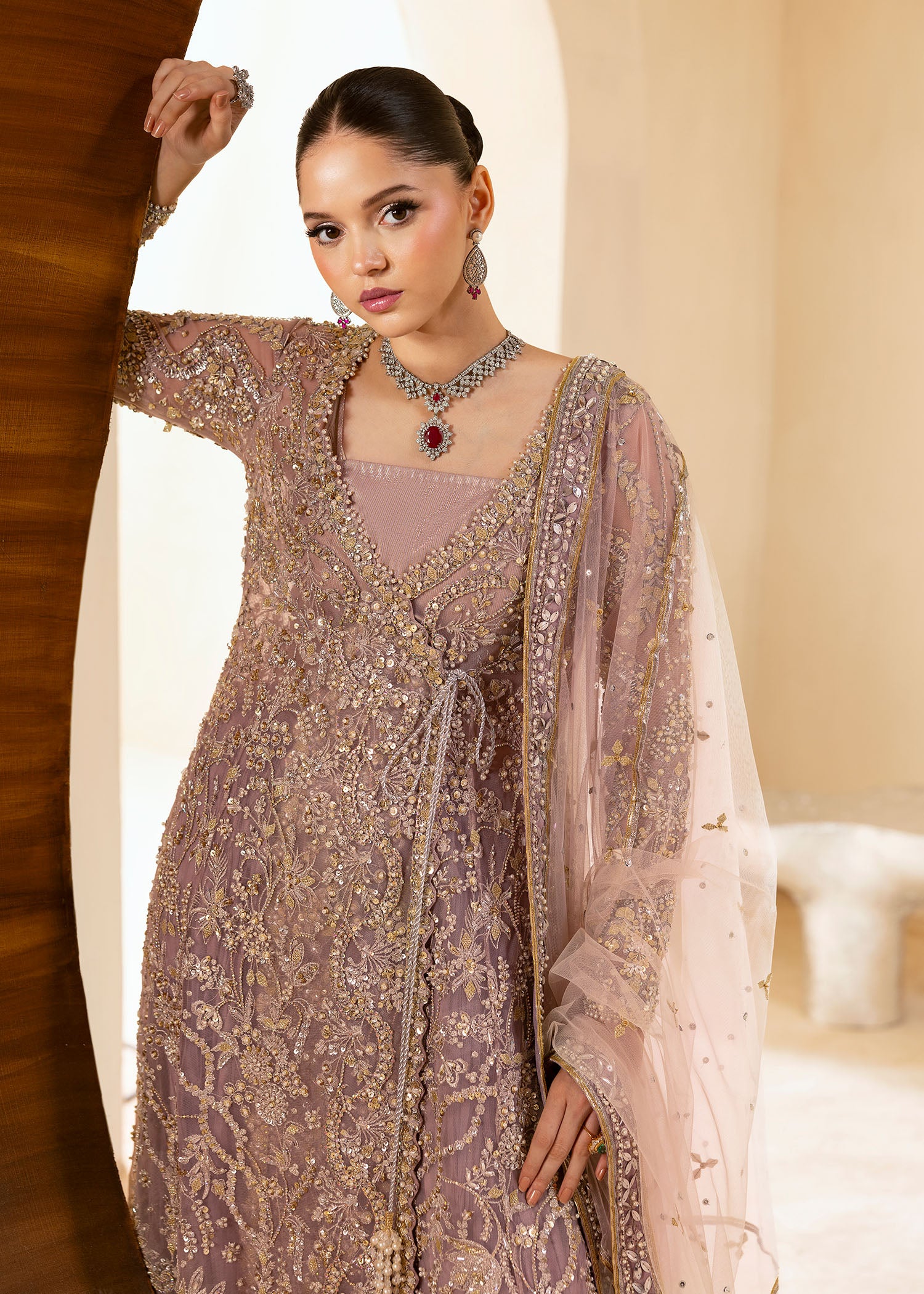 Lilac Embellished Net Sharara Set (3-Piece) - Image 3