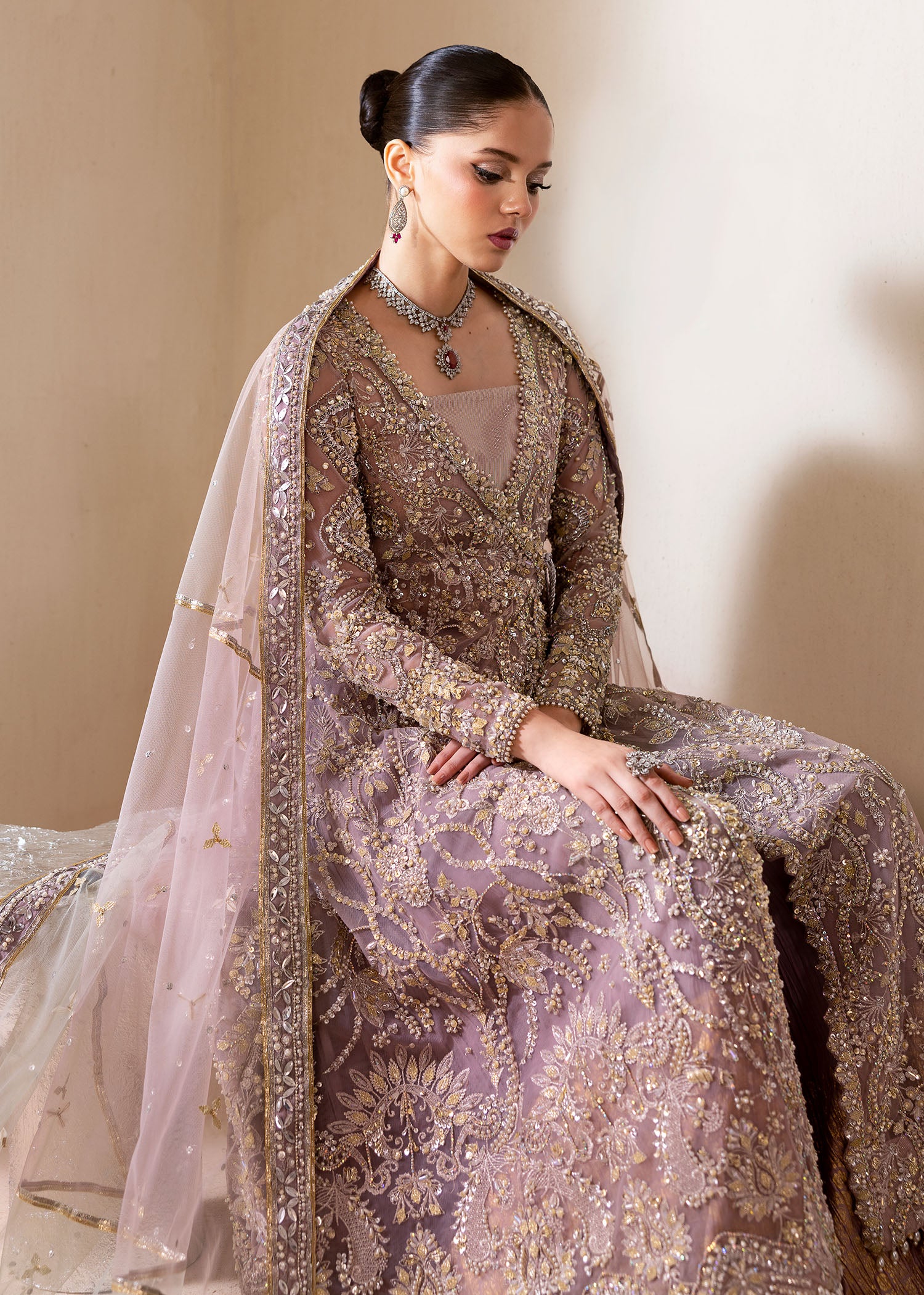 Lilac Embellished Net Sharara Set (3-Piece) - Image 5