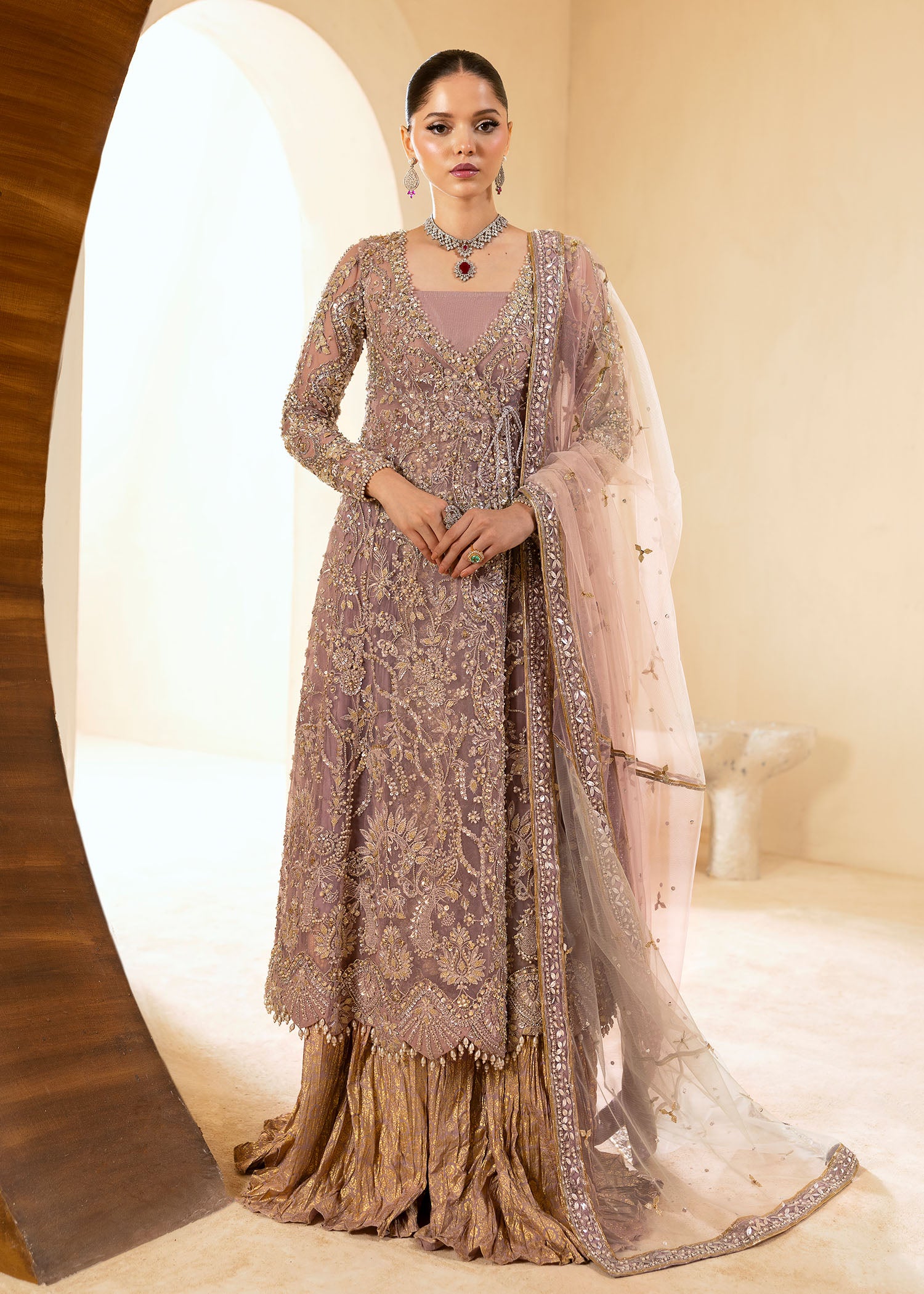 Lilac Embellished Net Sharara Set (3-Piece) - Image 6