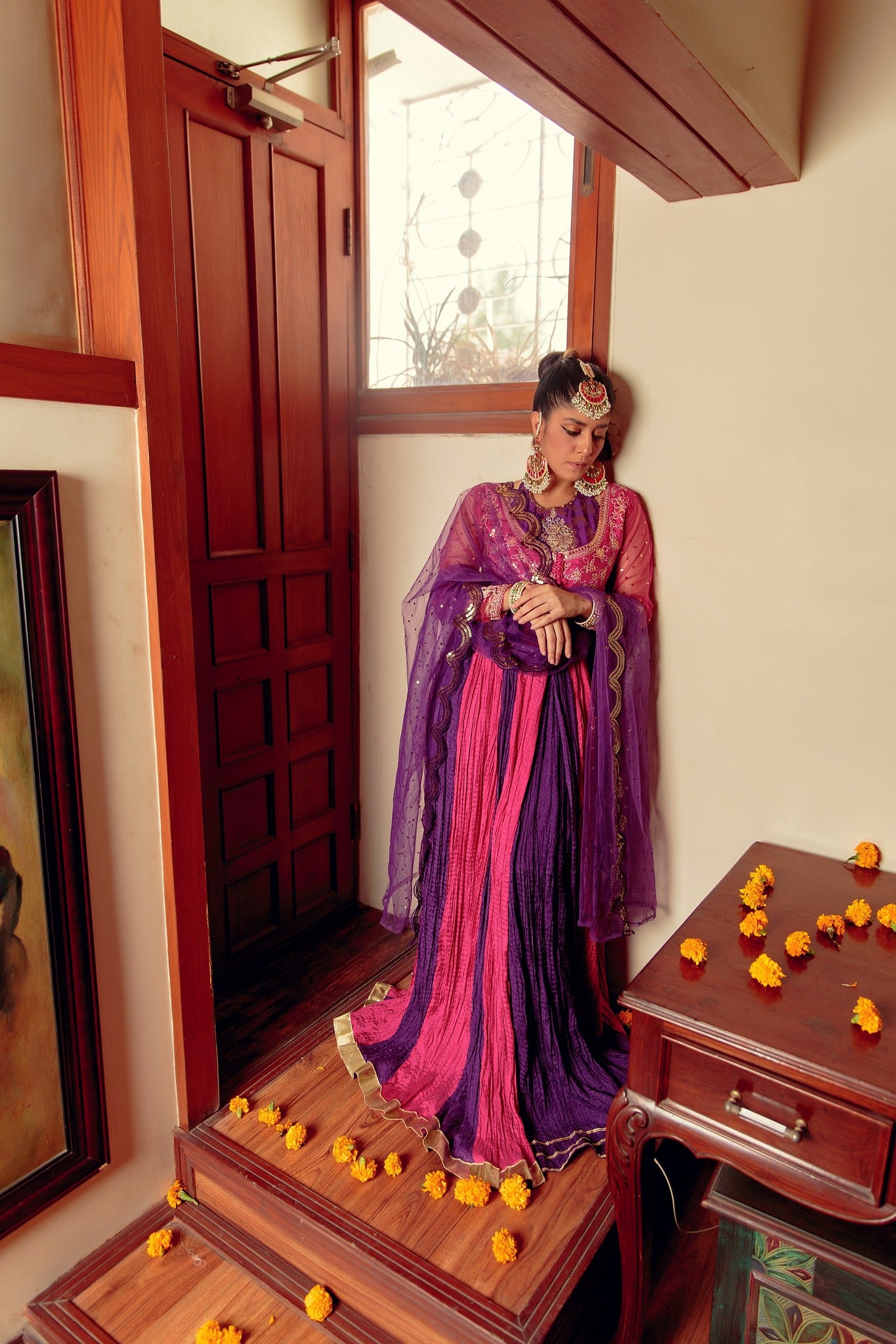 Pakistani Purple & Pink Embroidered Cotton Silk Peshwas (5-Piece) - Image 1